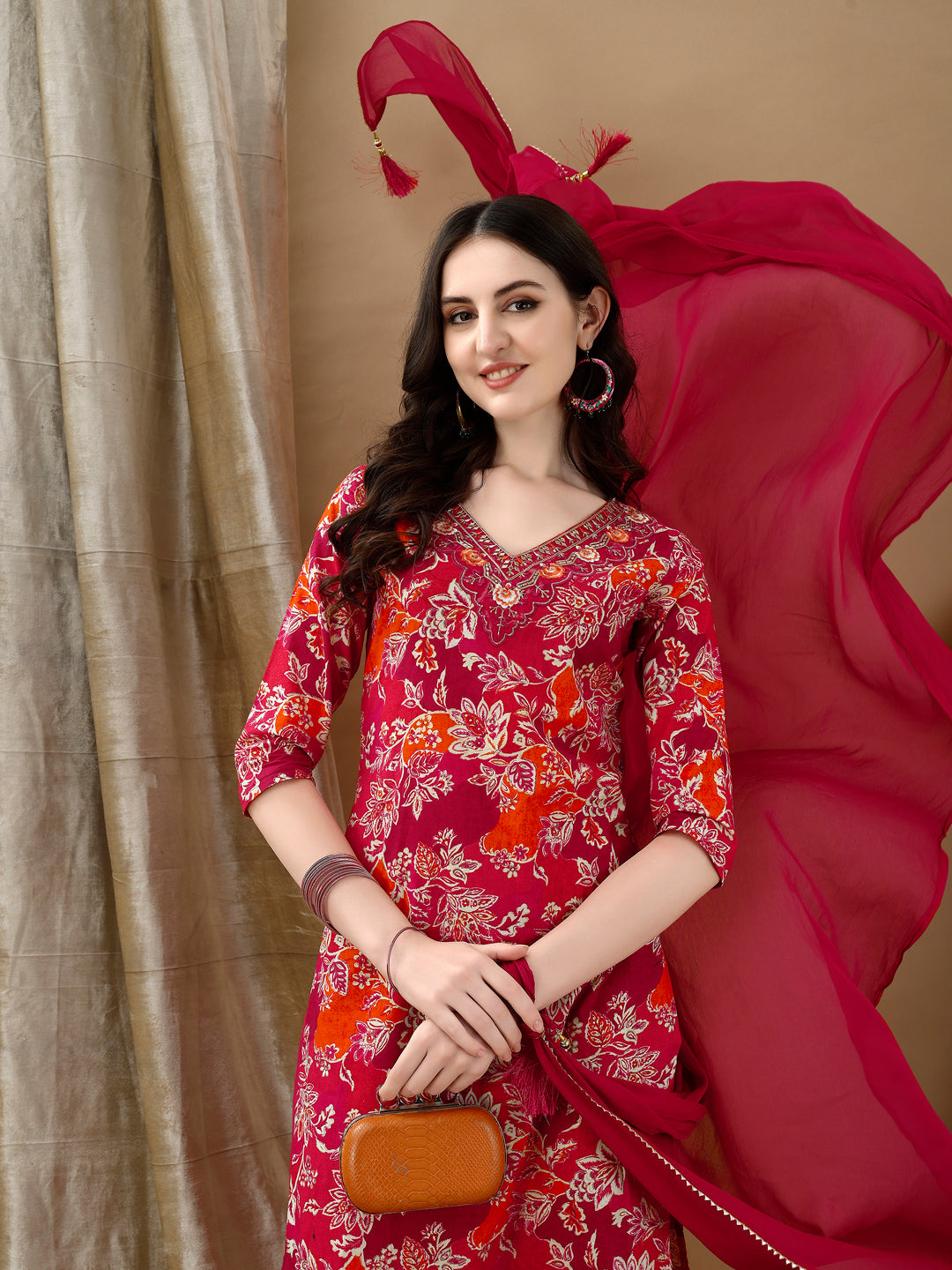 Embroidered & Floral Printed Kurta with Pant & Dupatta