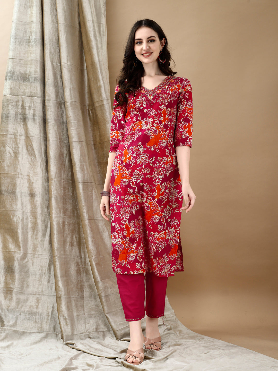 Embroidered & Floral Printed Kurta with Pant & Dupatta