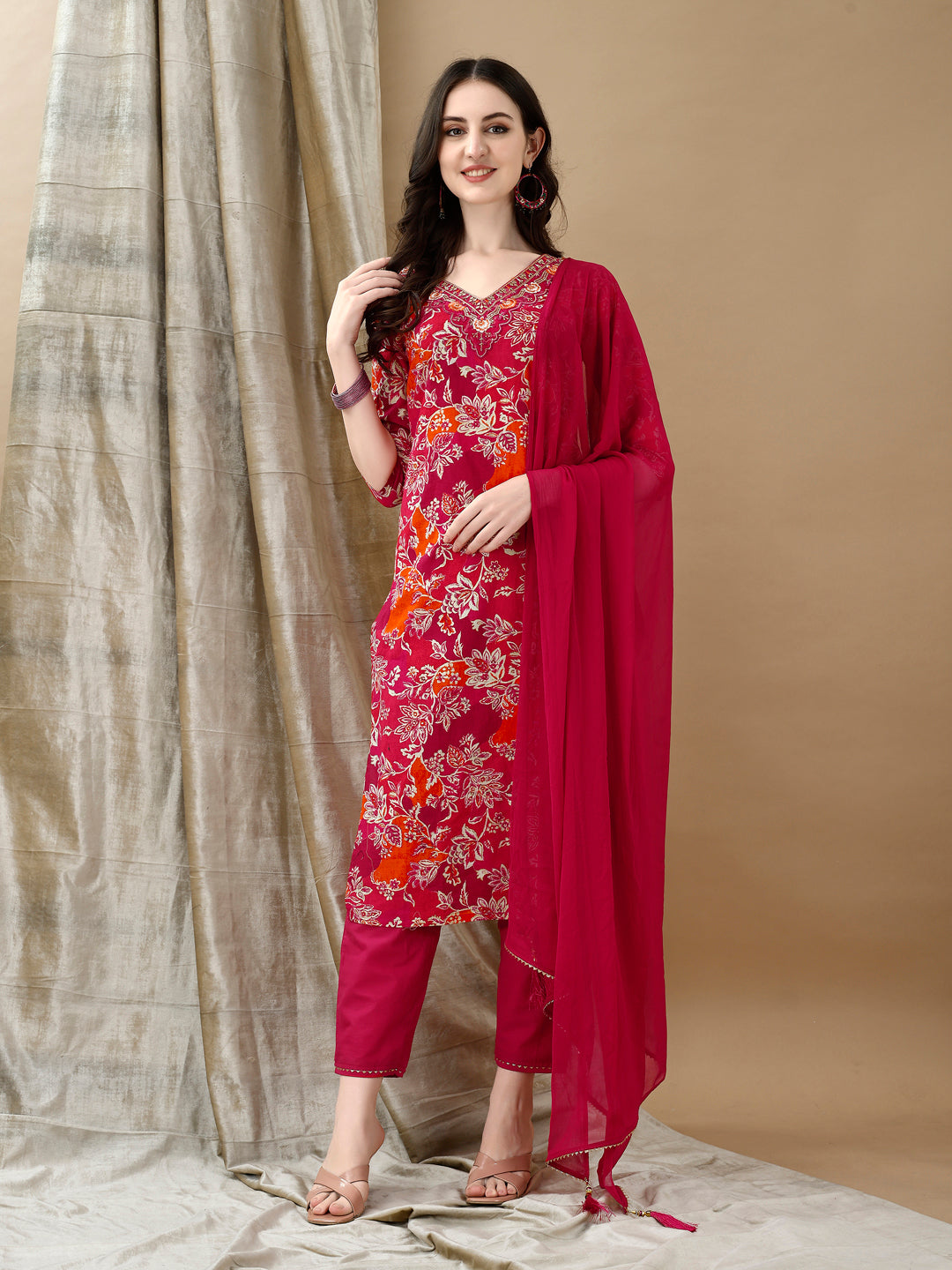 Embroidered & Floral Printed Kurta with Pant & Dupatta