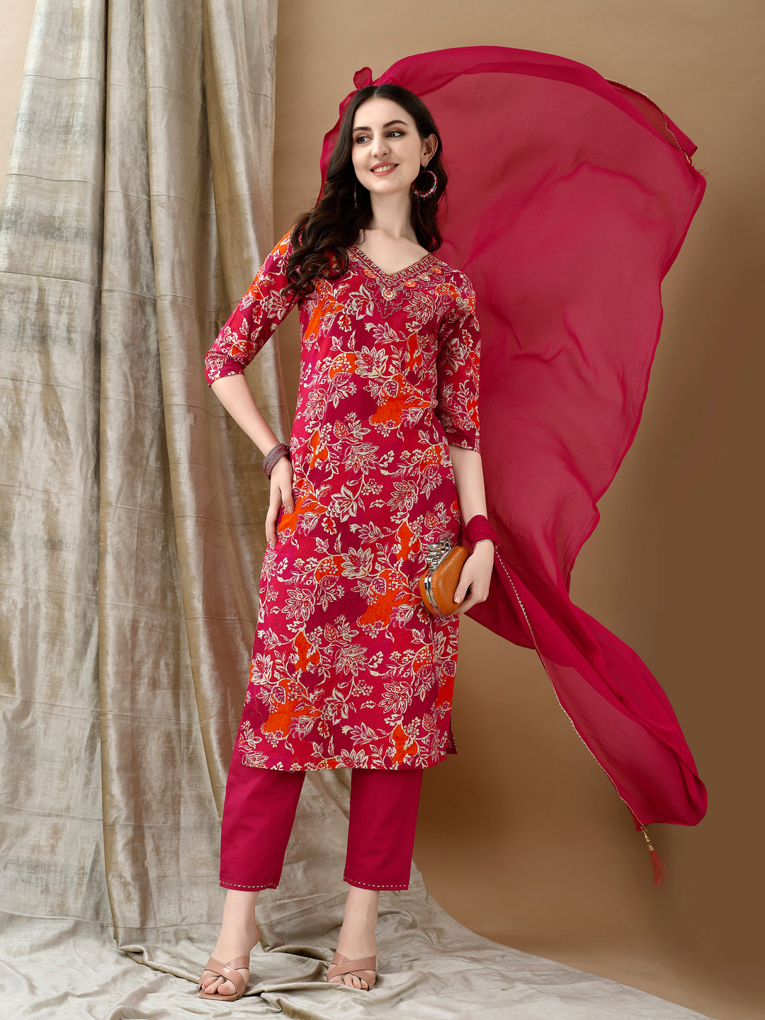 Embroidered & Floral Printed Kurta with Pant & Dupatta