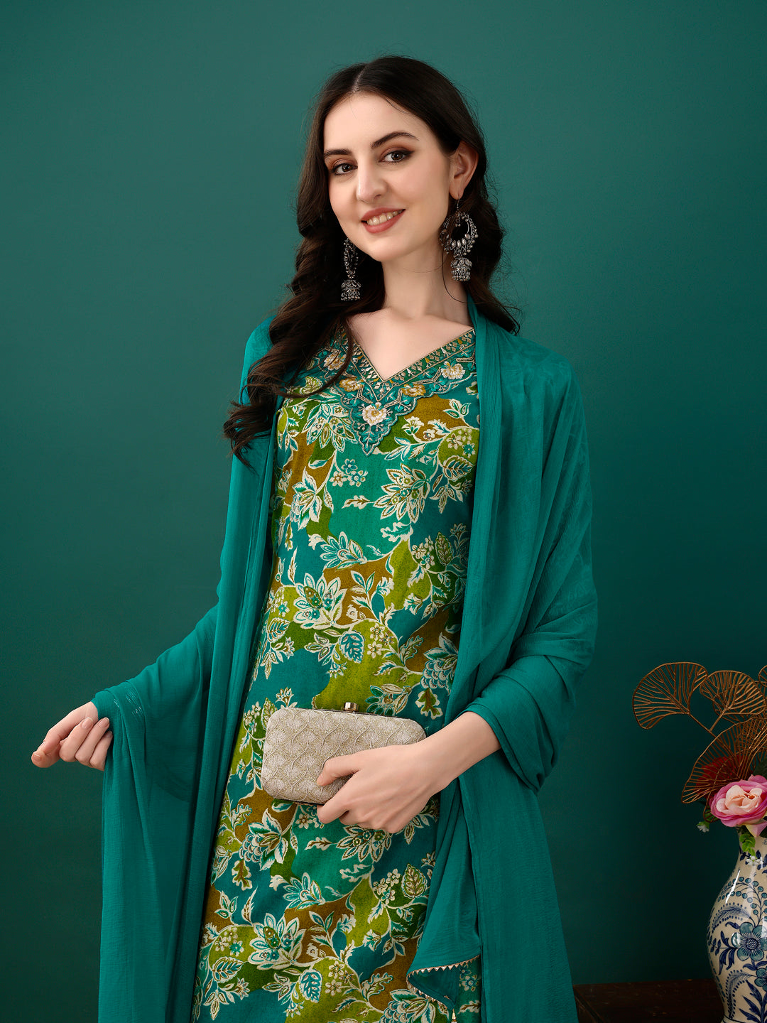 Embroidered & Floral Printed Kurta with Pant & Dupatta