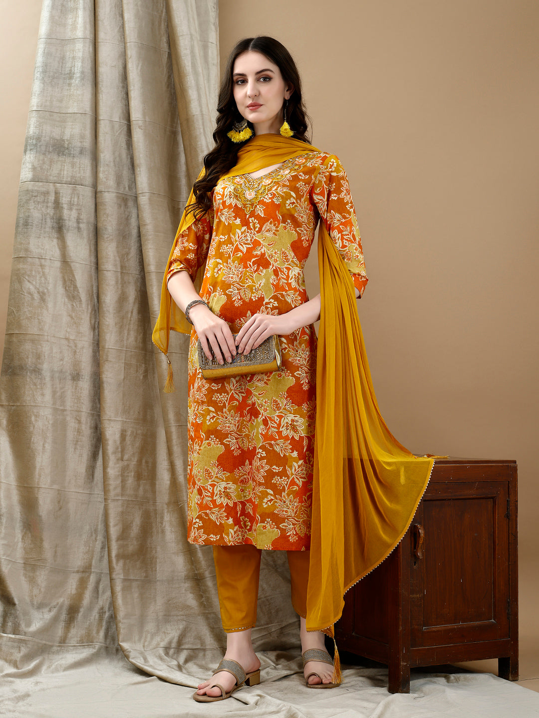 Embroidered & Floral Printed Kurta with Pant & Dupatta