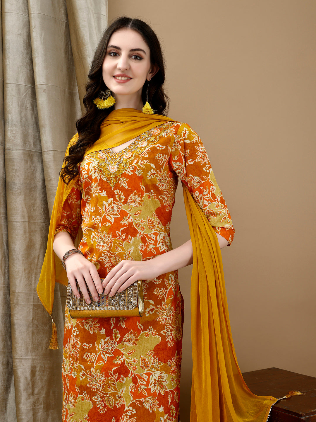 Embroidered & Floral Printed Kurta with Pant & Dupatta