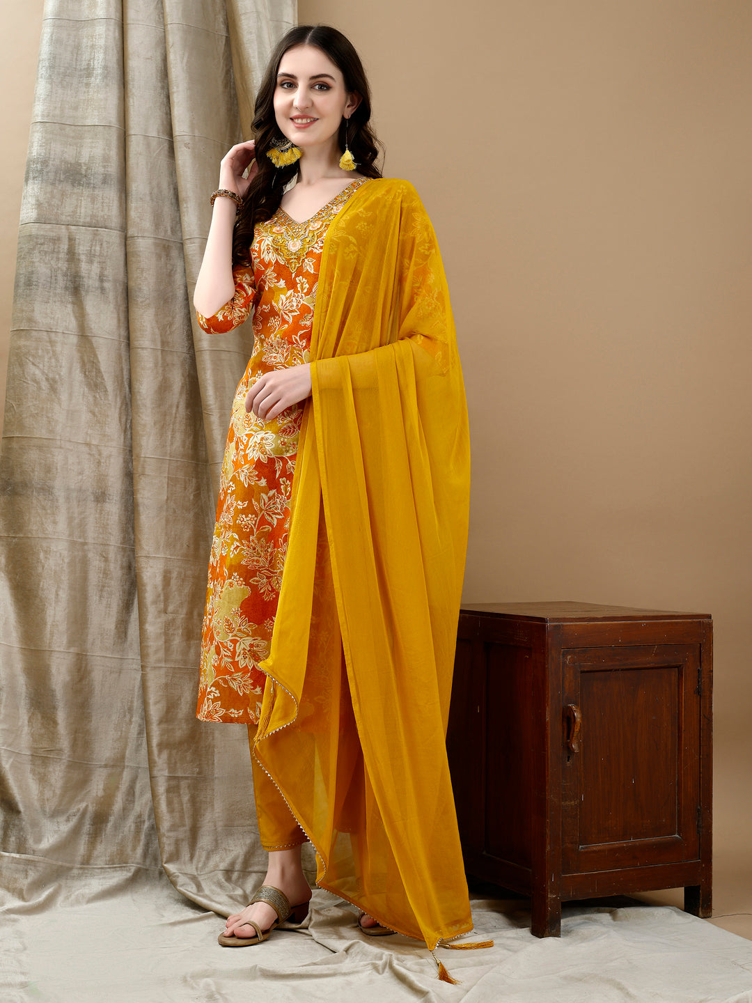 Embroidered & Floral Printed Kurta with Pant & Dupatta