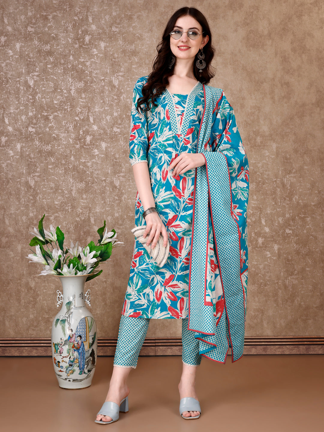 Floral Printed Cotton Kurta with pant & Dupatta