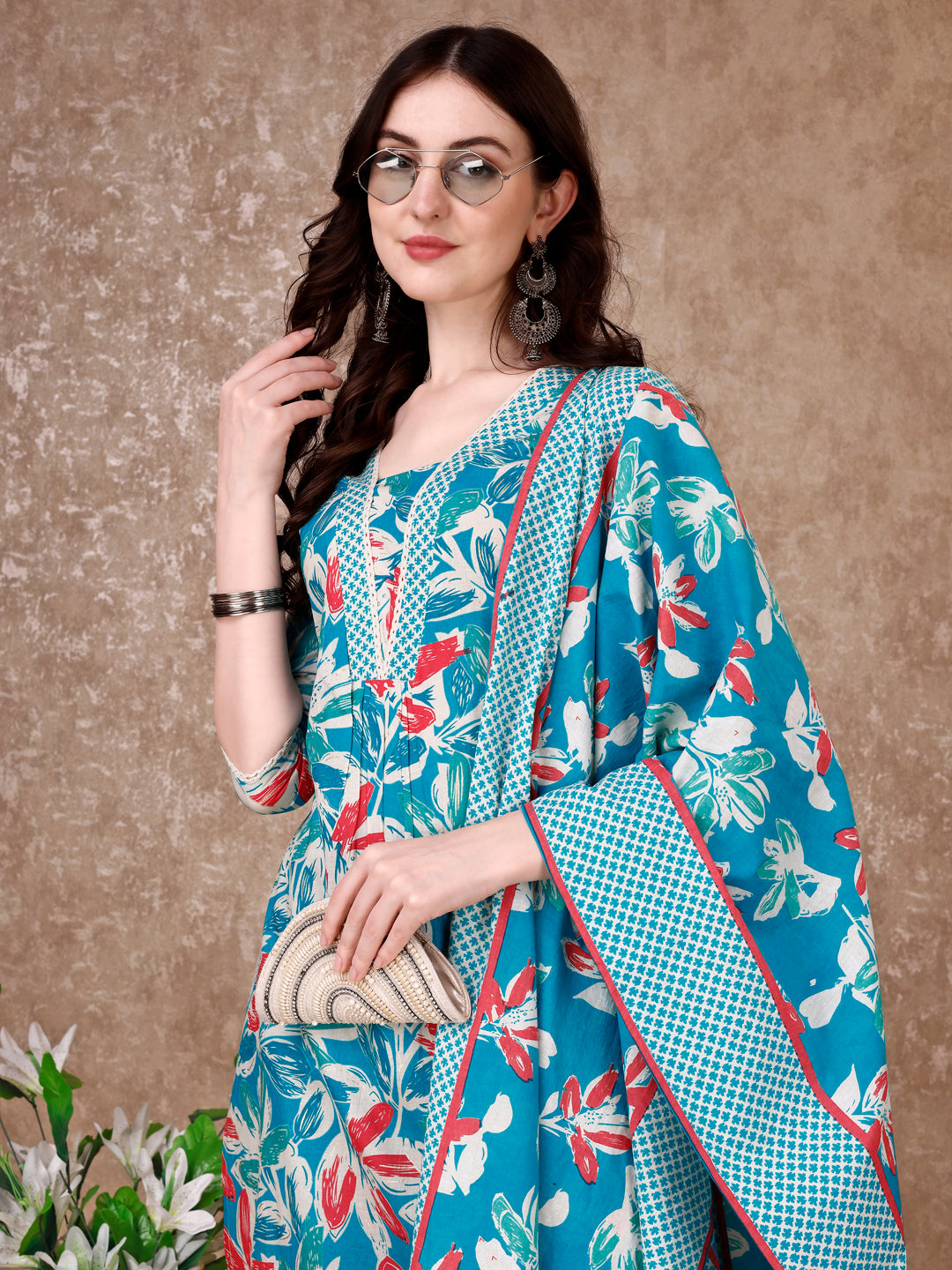 Floral Printed Cotton Kurta with pant & Dupatta