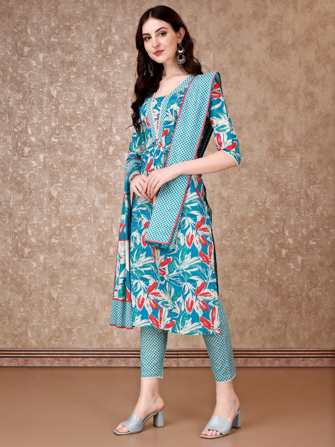 Floral Printed Cotton Kurta with pant & Dupatta