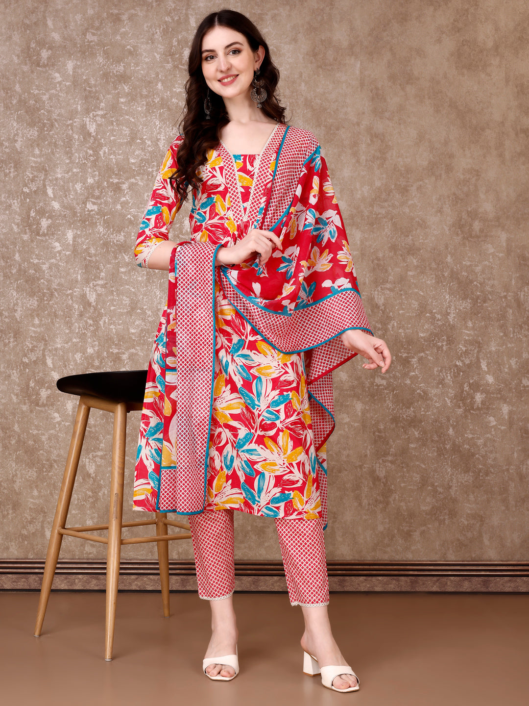 Floral Printed Cotton Kurta with pant & Dupatta