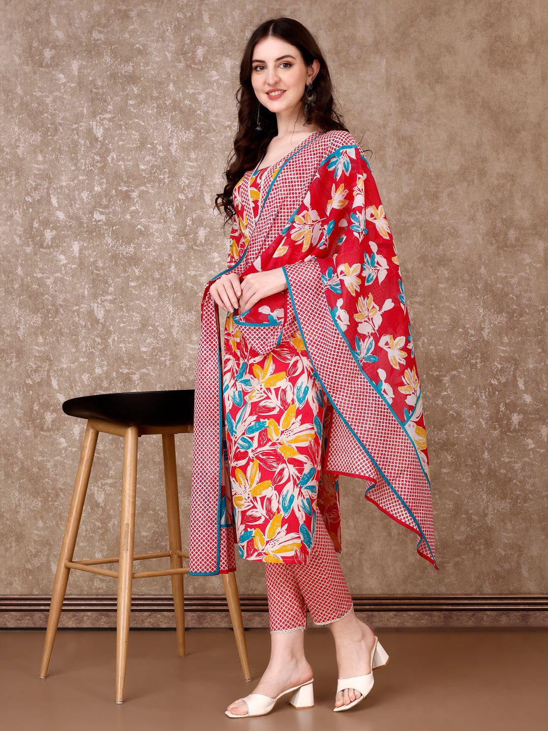 Floral Printed Cotton Kurta with pant & Dupatta