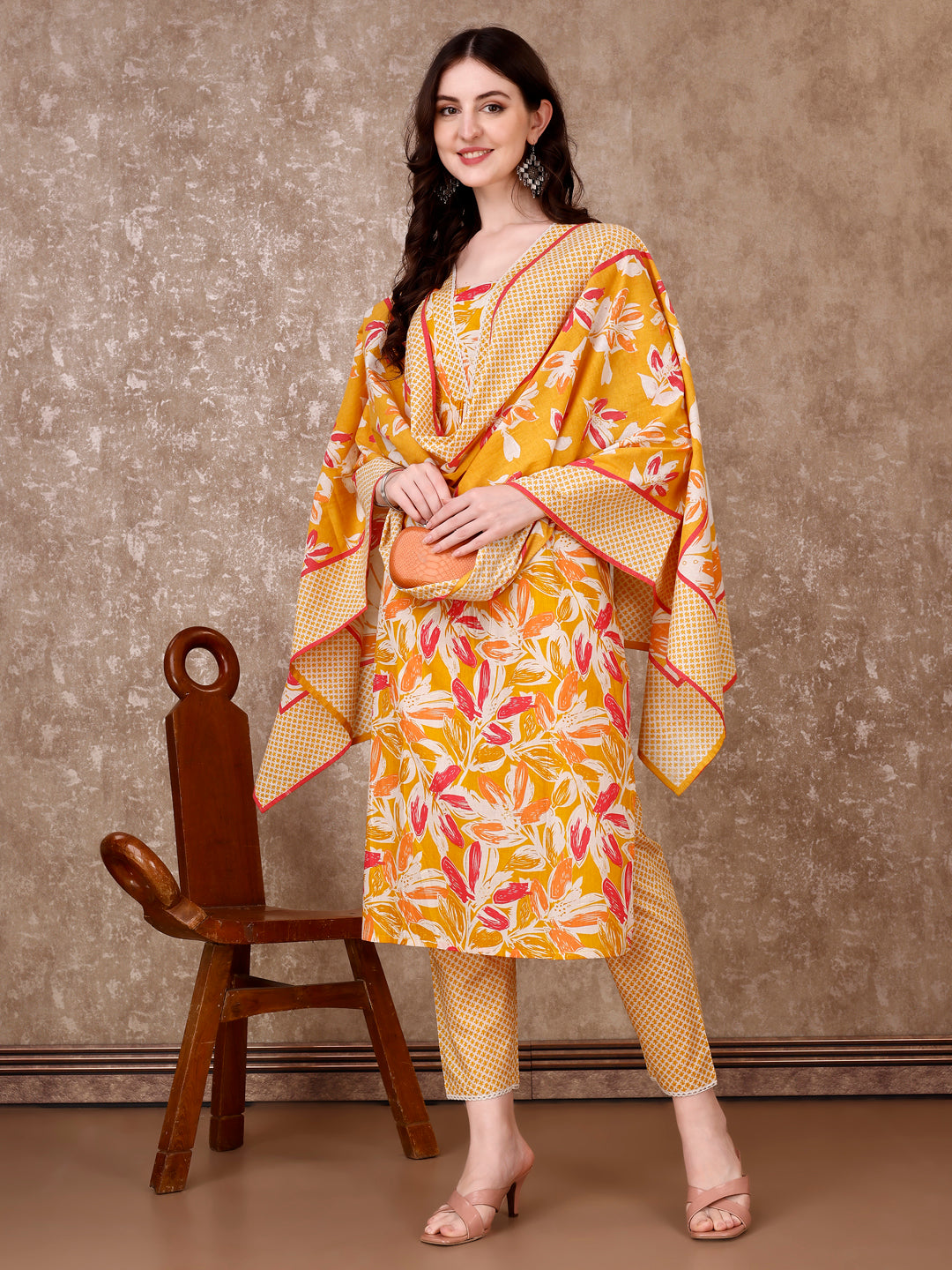 Floral Printed Cotton Kurta with pant & Dupatta