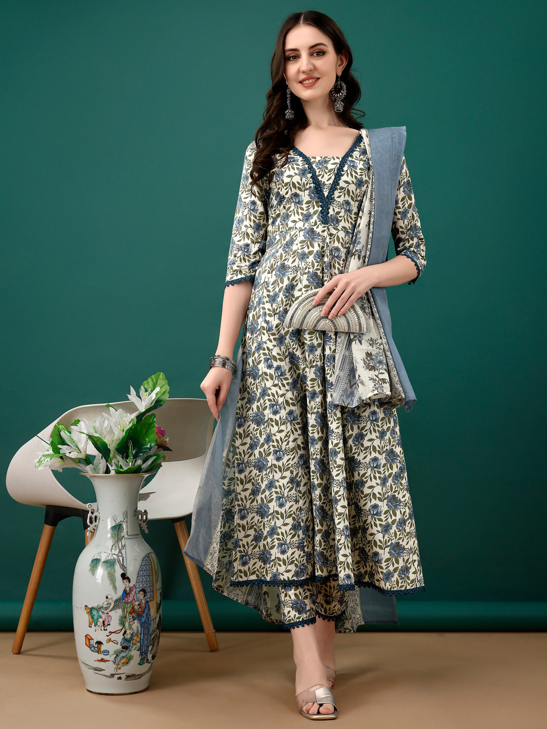 Floral Printed Anarkali Kurta with pant & dupatta luxury premium