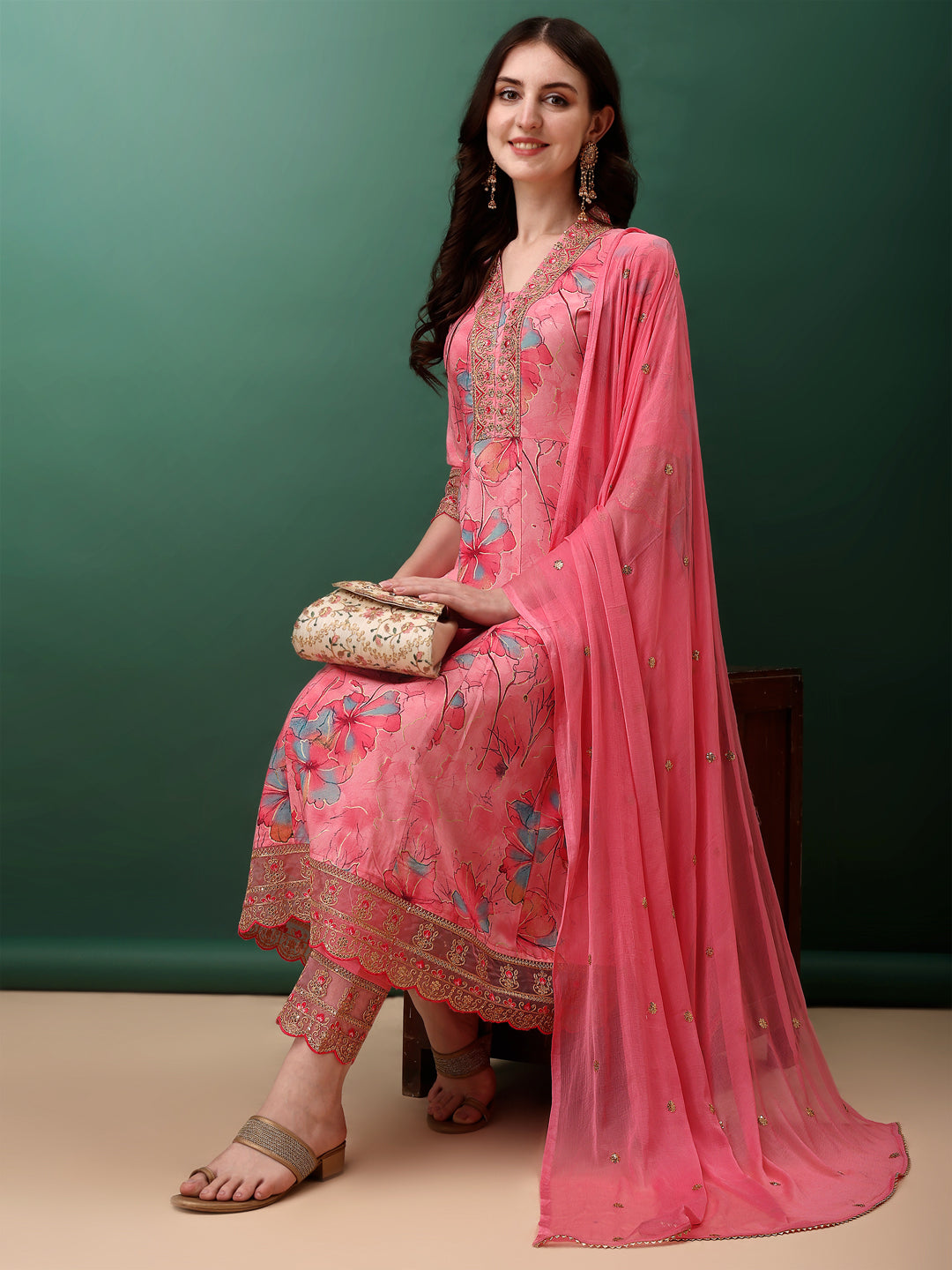 Embroidered & Floral Printed Flared Kurta with pant & dupatta