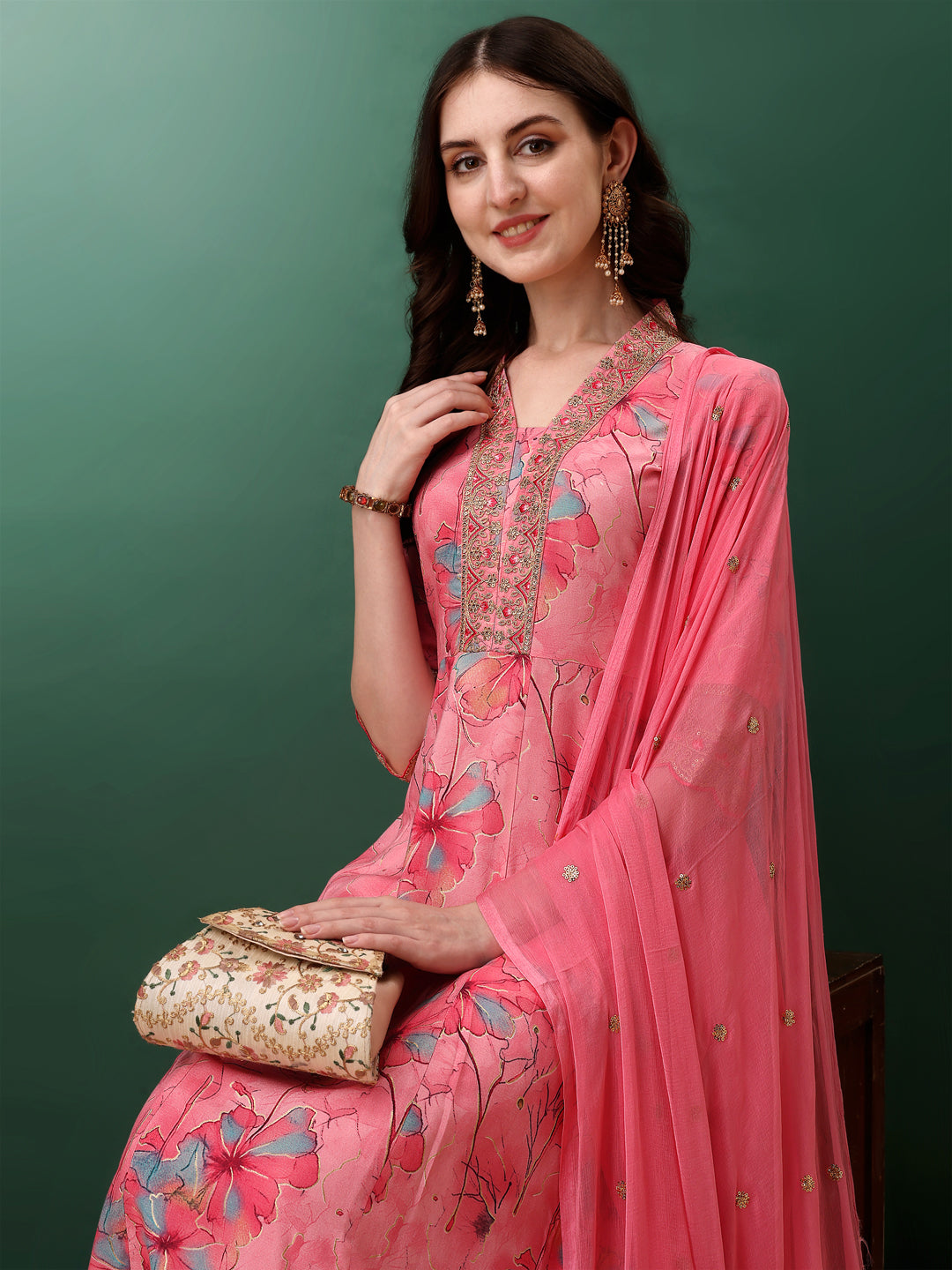 Embroidered & Floral Printed Flared Kurta with pant & dupatta