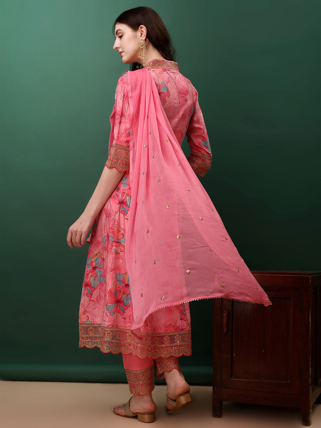 Embroidered & Floral Printed Flared Kurta with pant & dupatta