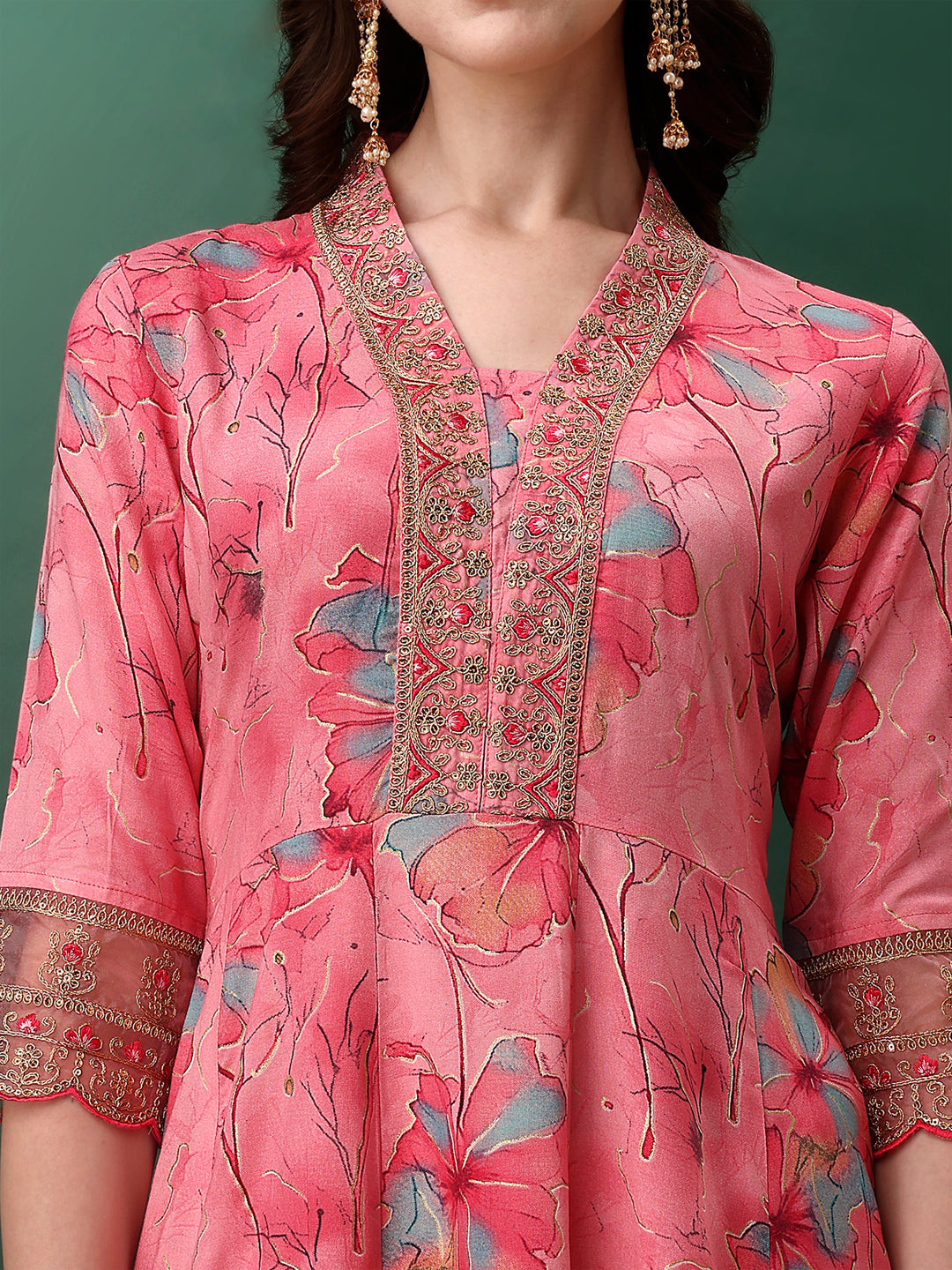 Embroidered & Floral Printed Flared Kurta with pant & dupatta