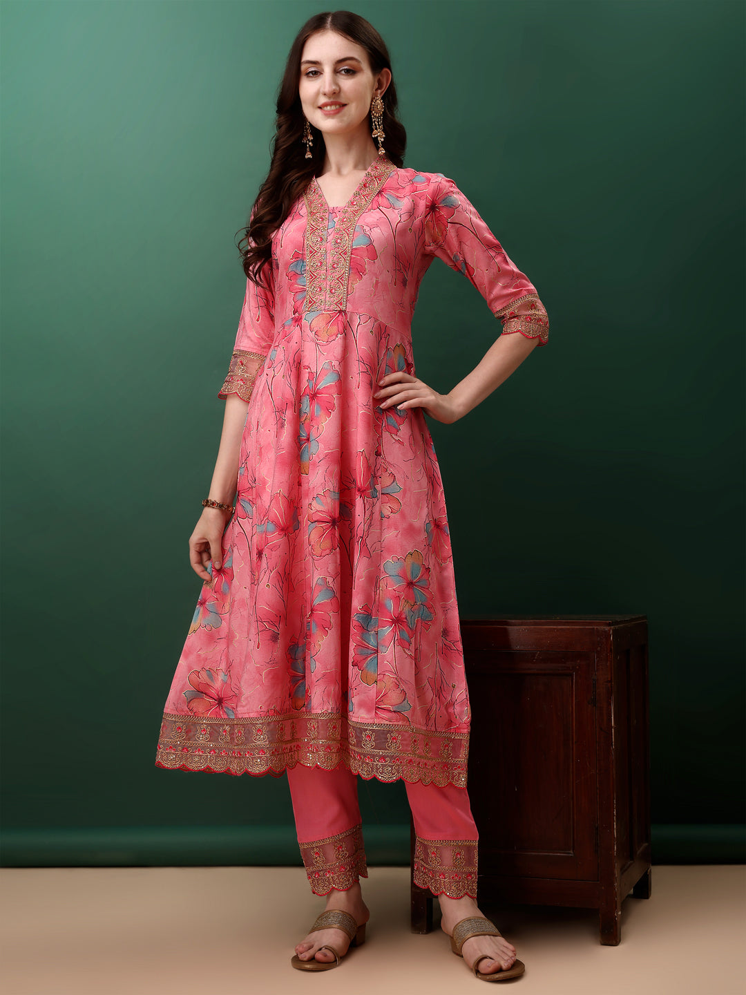 Embroidered & Floral Printed Flared Kurta with pant & dupatta