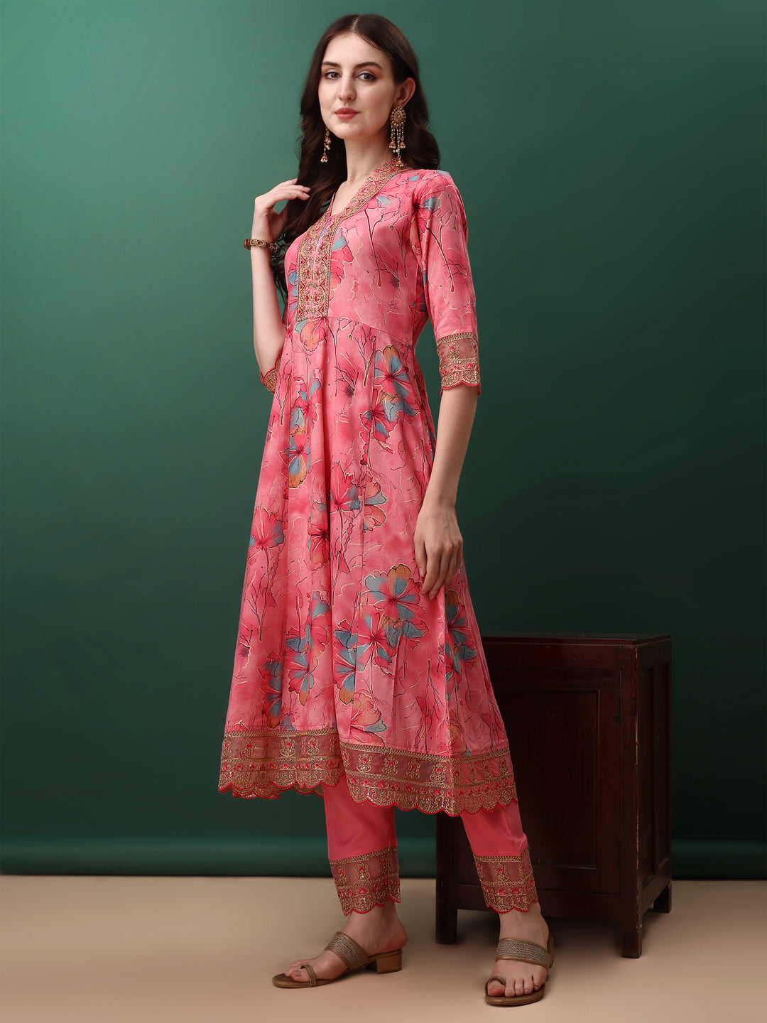 Embroidered & Floral Printed Flared Kurta with pant & dupatta