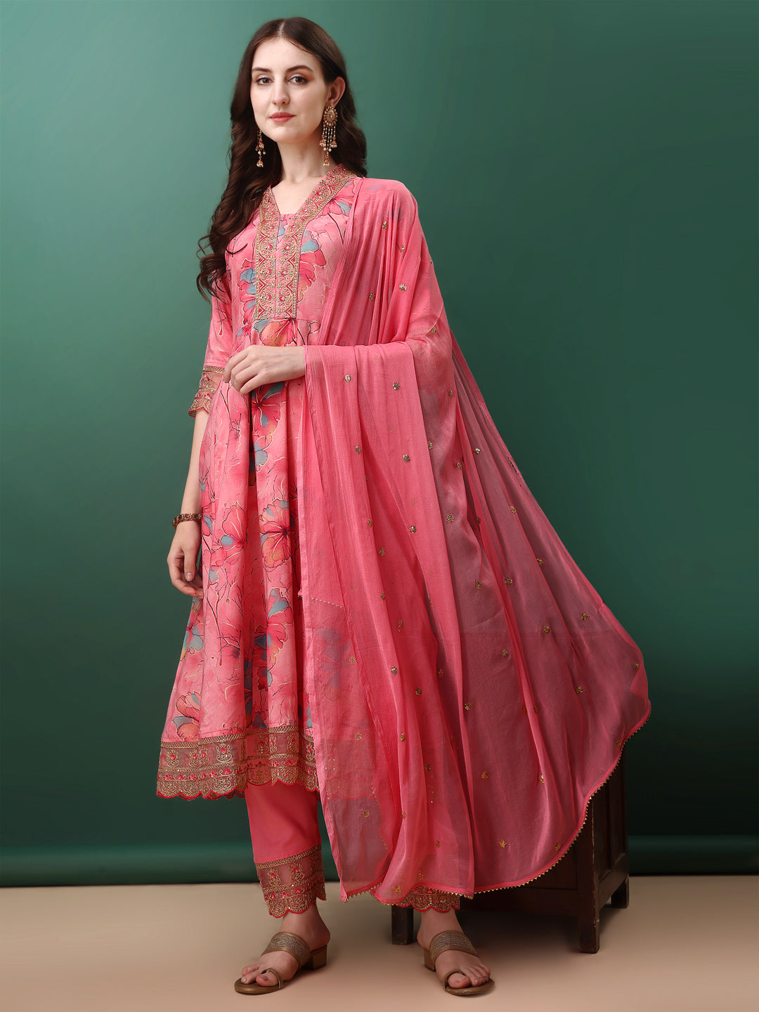 Embroidered & Floral Printed Flared Kurta with pant & dupatta