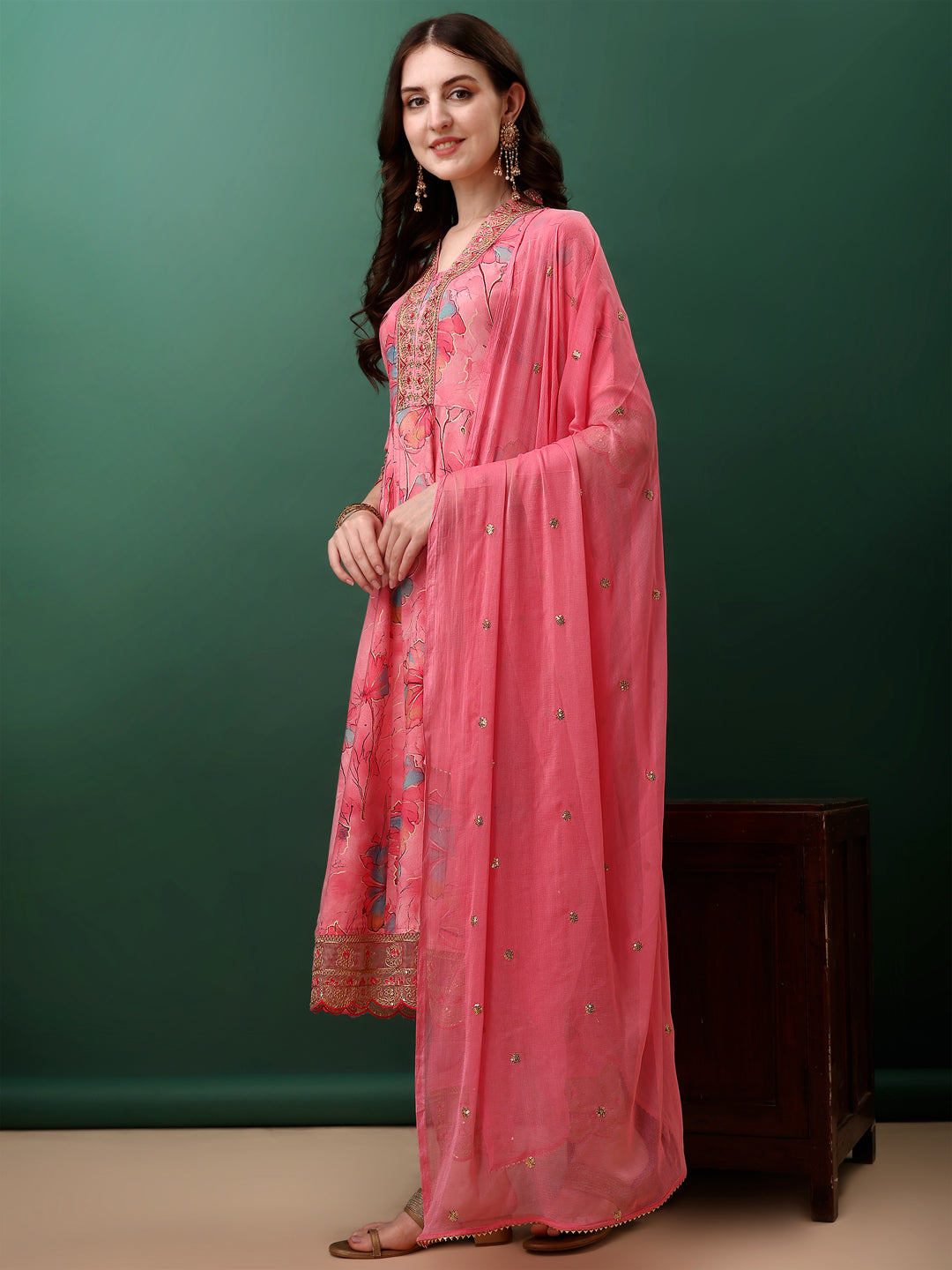 Embroidered & Floral Printed Flared Kurta with pant & dupatta