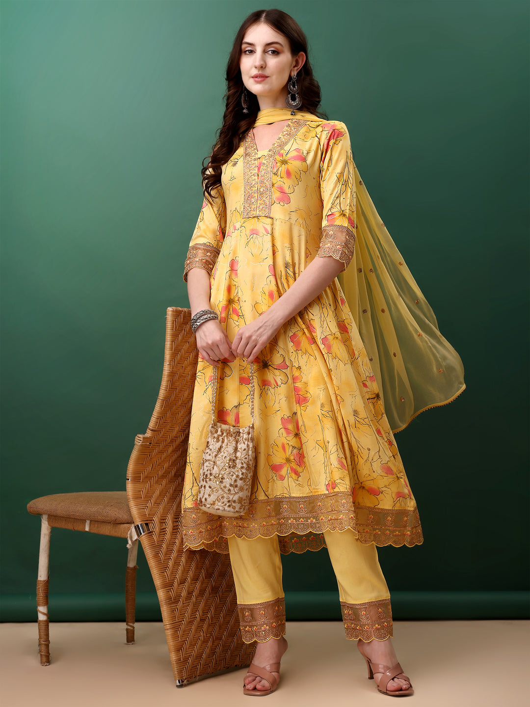 Embroidered & Floral Printed Flared Kurta with pant & dupatta