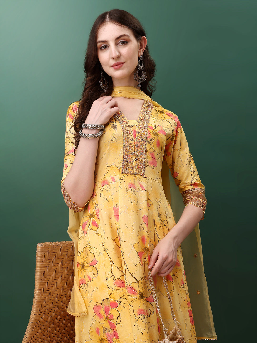 Embroidered & Floral Printed Flared Kurta with pant & dupatta