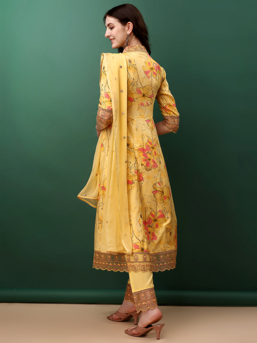 Embroidered & Floral Printed Flared Kurta with pant & dupatta