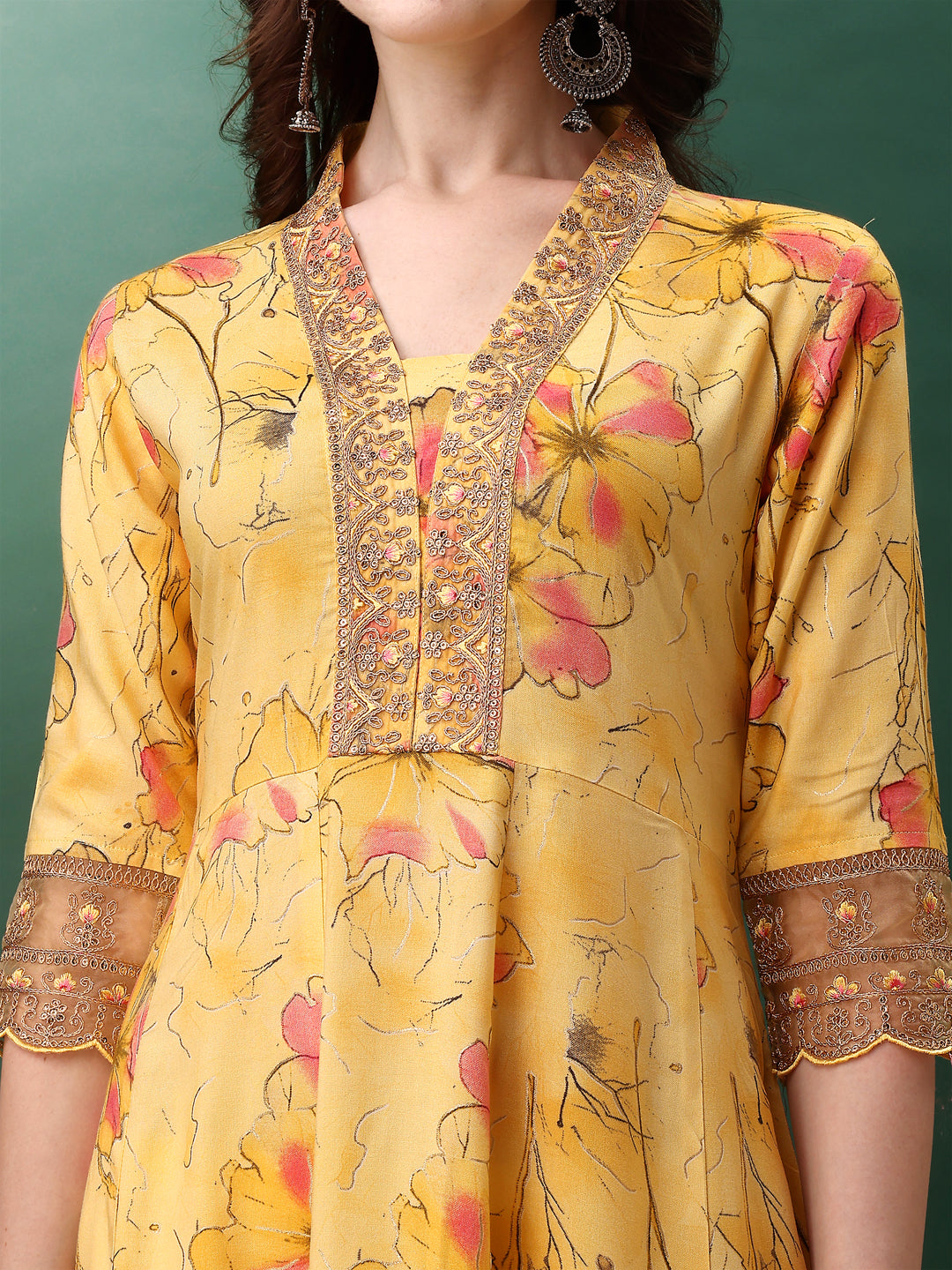 Embroidered & Floral Printed Flared Kurta with pant & dupatta