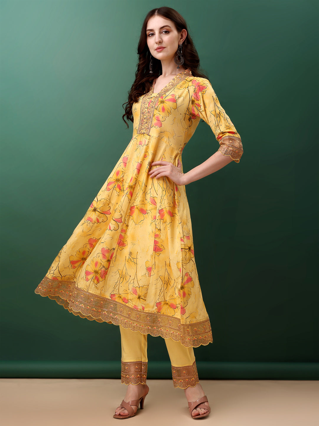 Embroidered & Floral Printed Flared Kurta with pant & dupatta