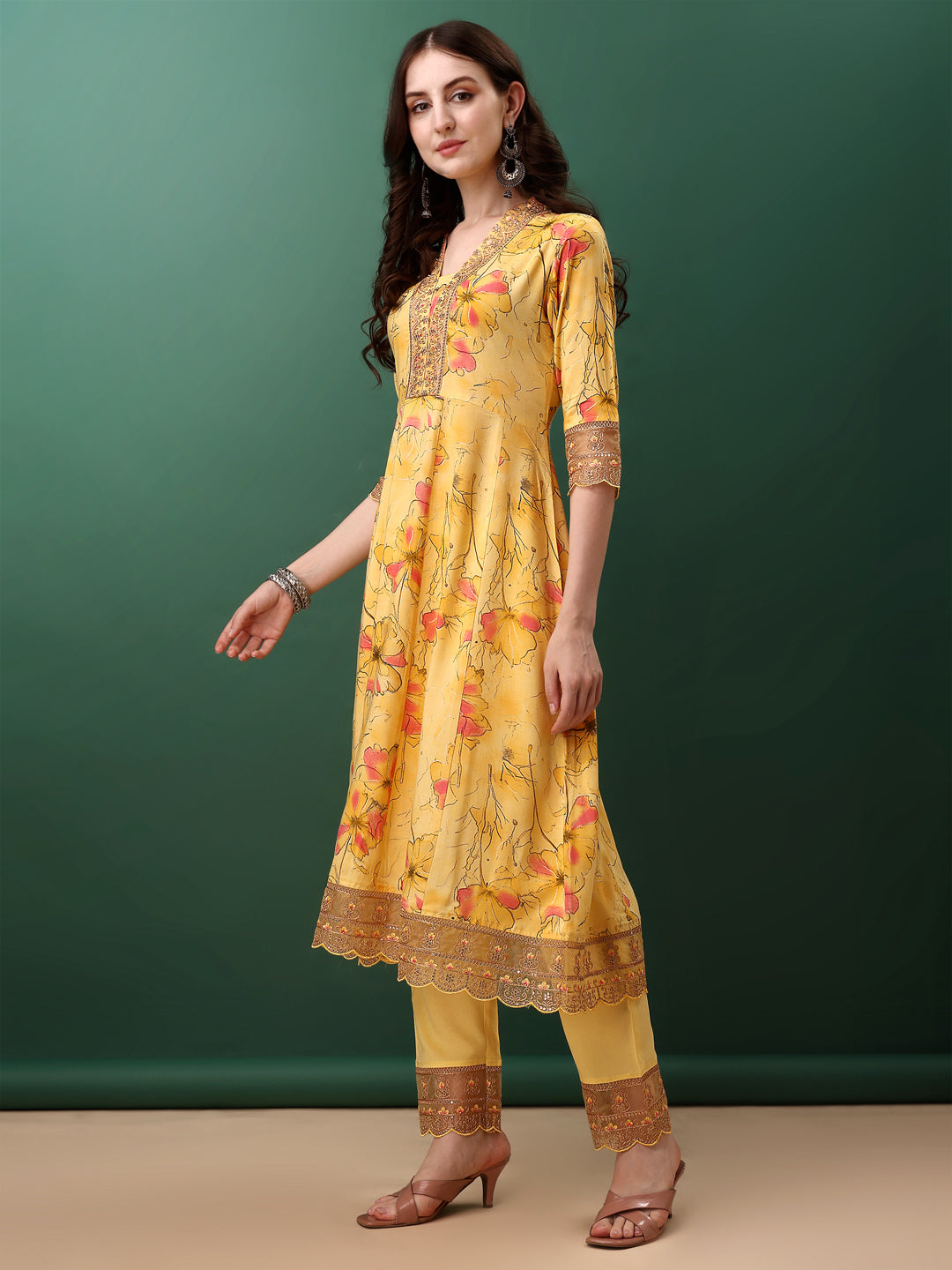 Embroidered & Floral Printed Flared Kurta with pant & dupatta