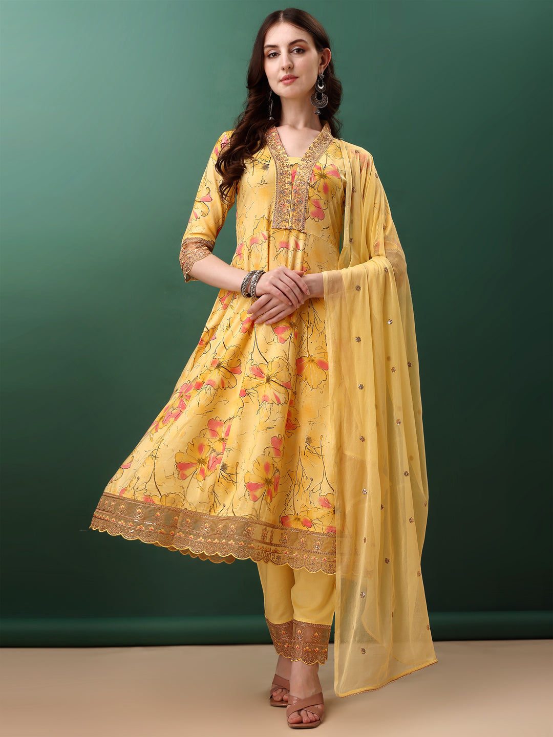 Embroidered & Floral Printed Flared Kurta with pant & dupatta