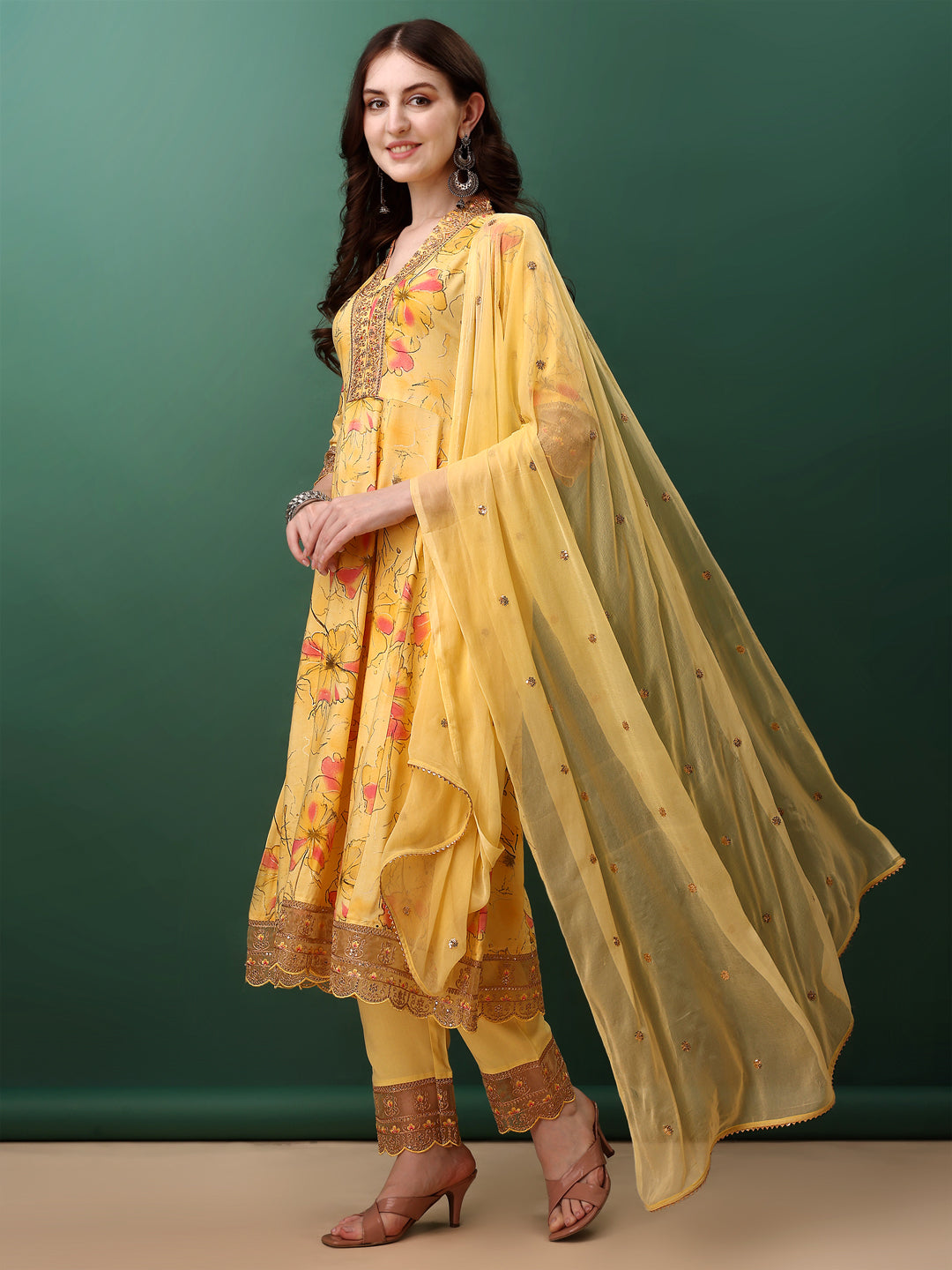 Embroidered & Floral Printed Flared Kurta with pant & dupatta