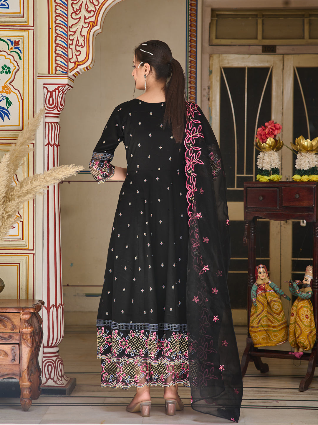 Pakistani Flared Embroidered Kurta with Embroidered Pallazo With Embroidered Dupatta