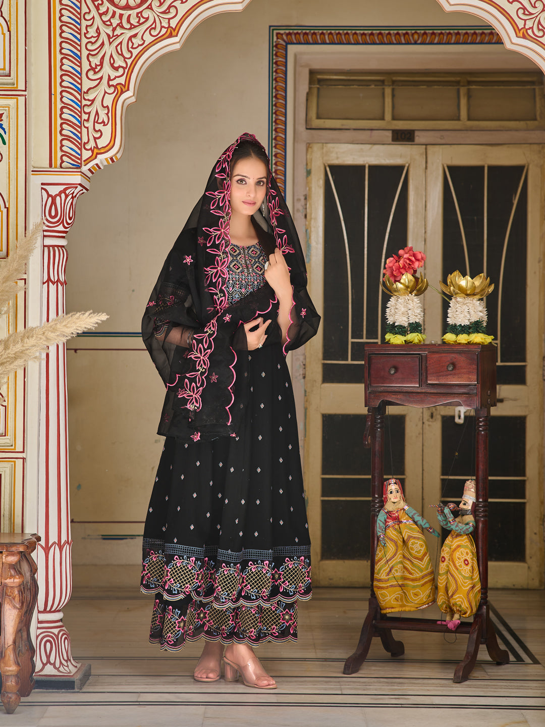 Pakistani Flared Embroidered Kurta with Embroidered Pallazo With Embroidered Dupatta