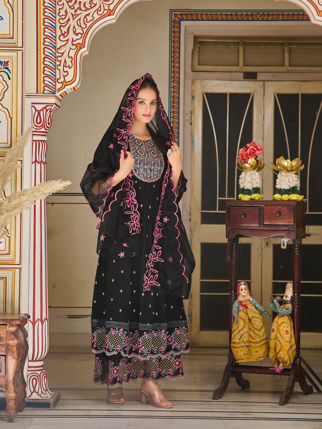 Pakistani Flared Embroidered Kurta with Embroidered Pallazo With Embroidered Dupatta