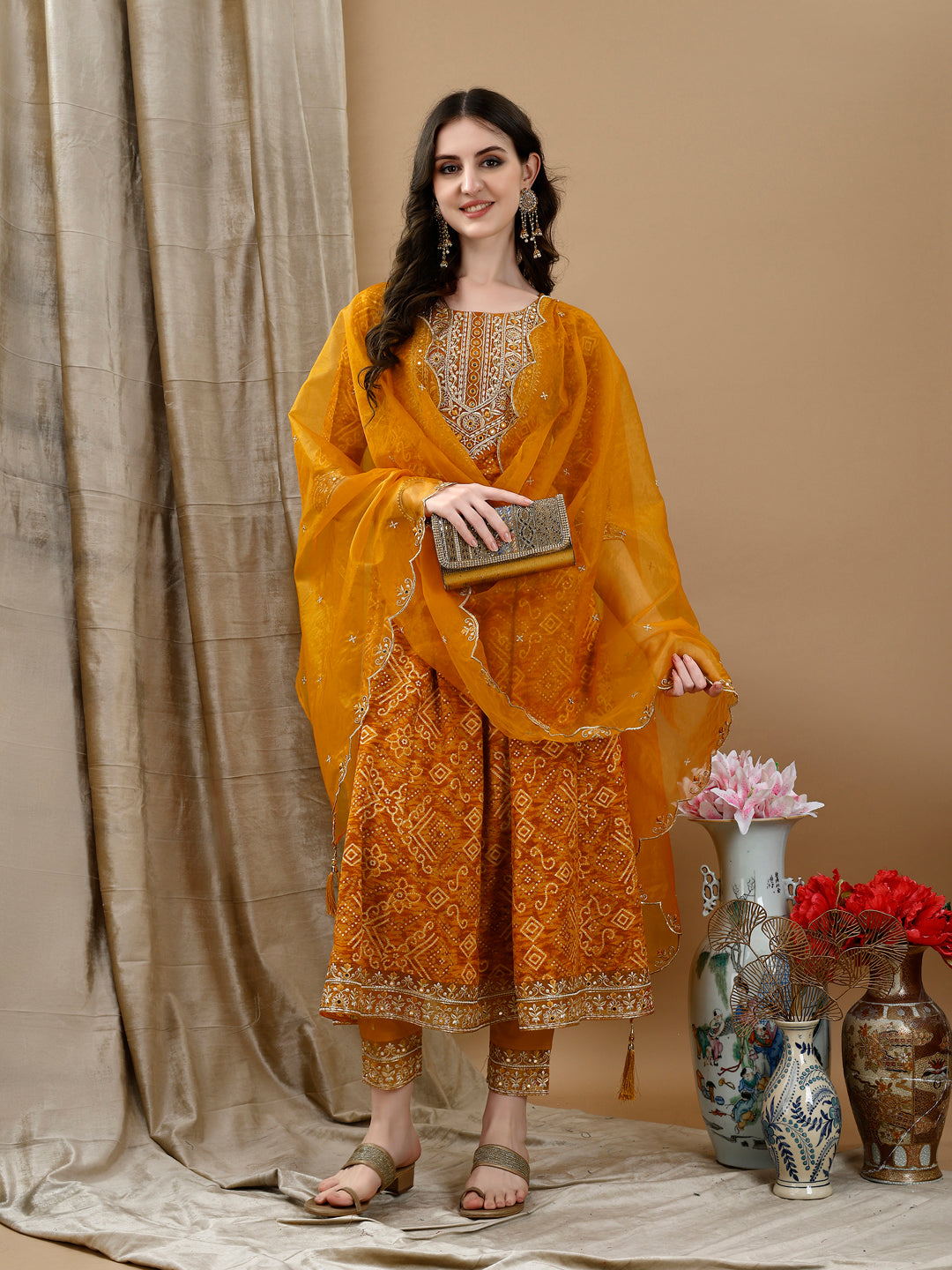 Embroidered & Bandhani Printed Flared Kurta with Pant & Printed Dupatta