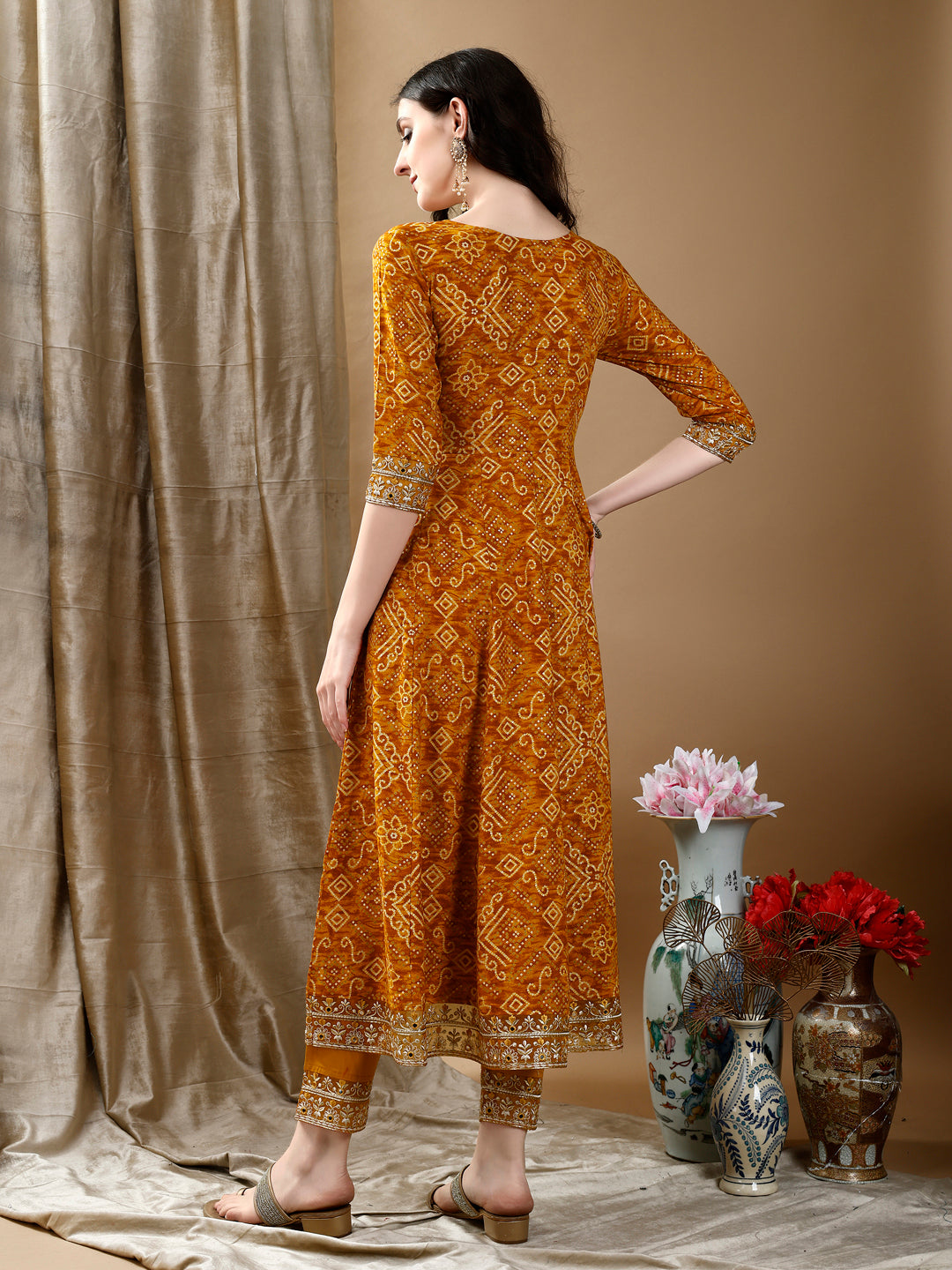 Embroidered & Bandhani Printed Flared Kurta with Pant & Printed Dupatta