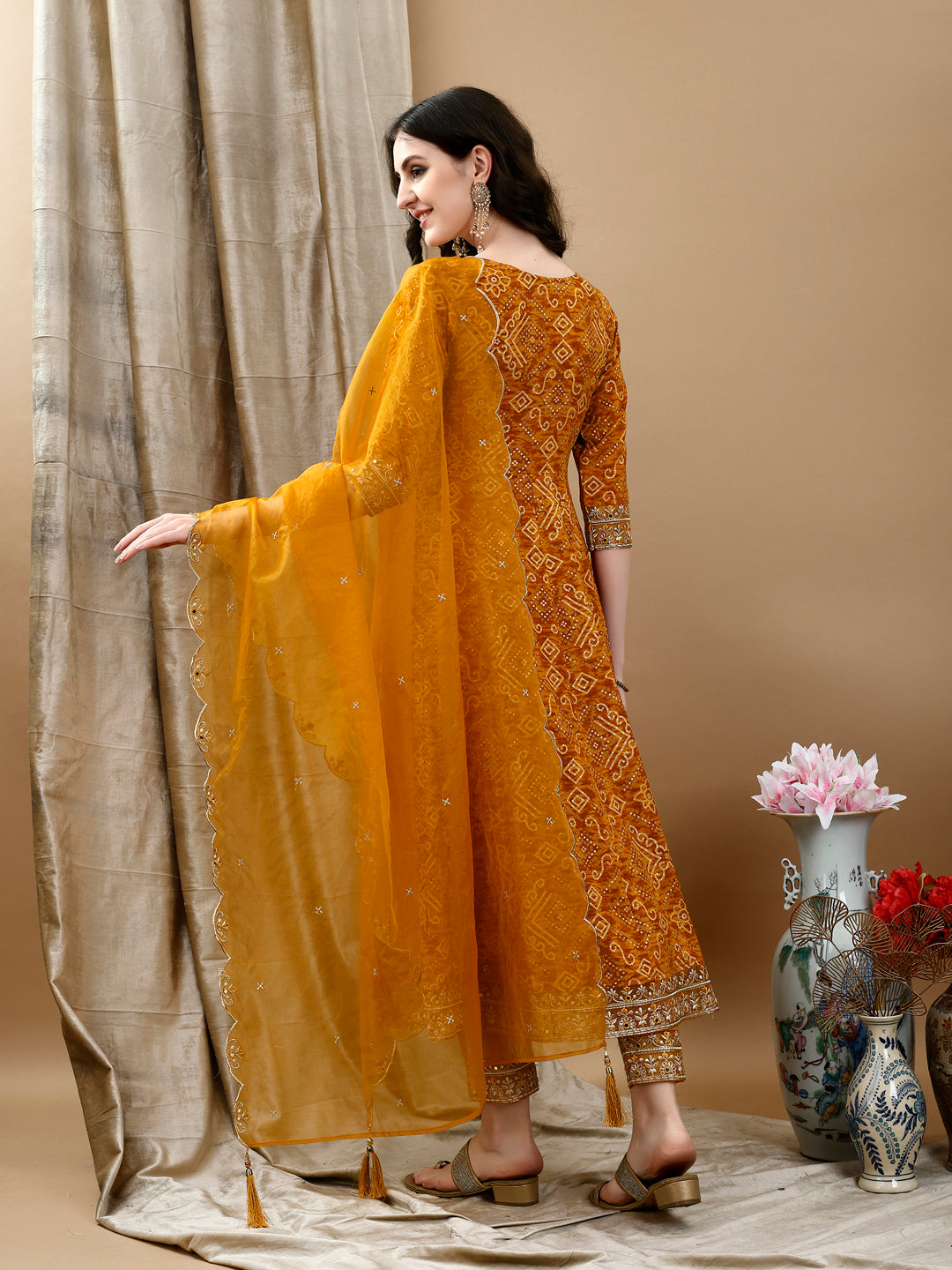 Embroidered & Bandhani Printed Flared Kurta with Pant & Printed Dupatta