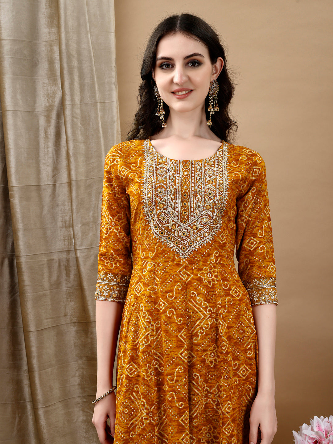 Embroidered & Bandhani Printed Flared Kurta with Pant & Printed Dupatta