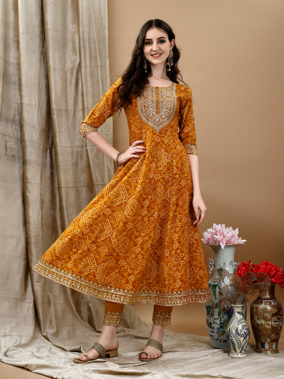 Embroidered & Bandhani Printed Flared Kurta with Pant & Printed Dupatta