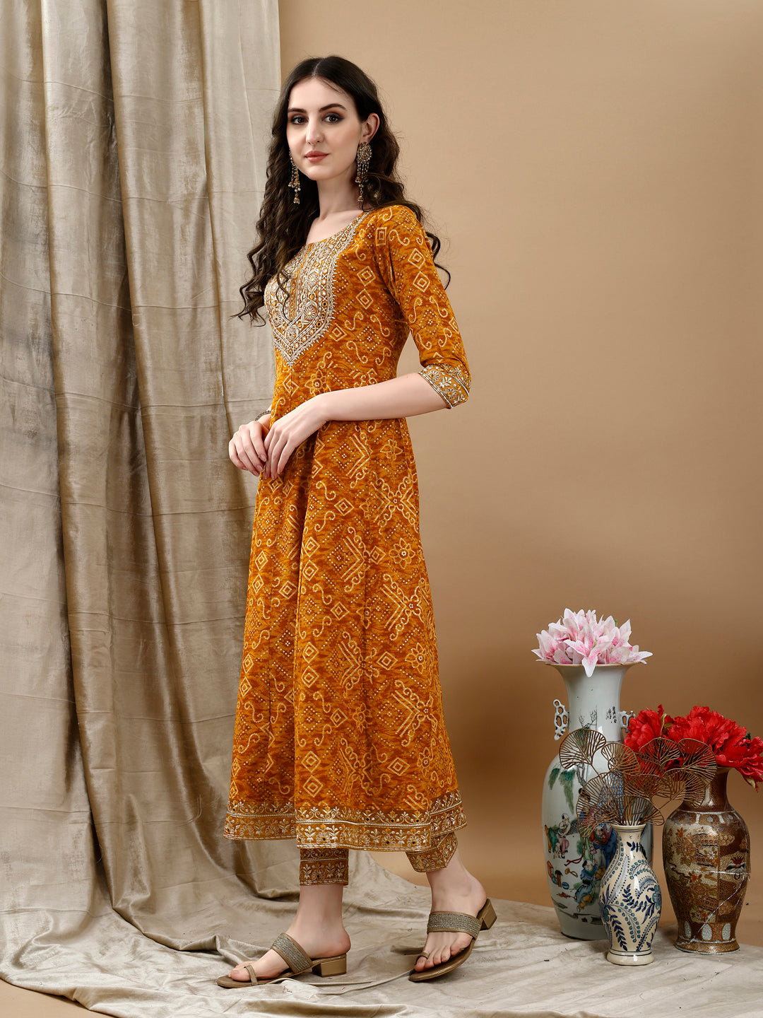 Embroidered & Bandhani Printed Flared Kurta with Pant & Printed Dupatta