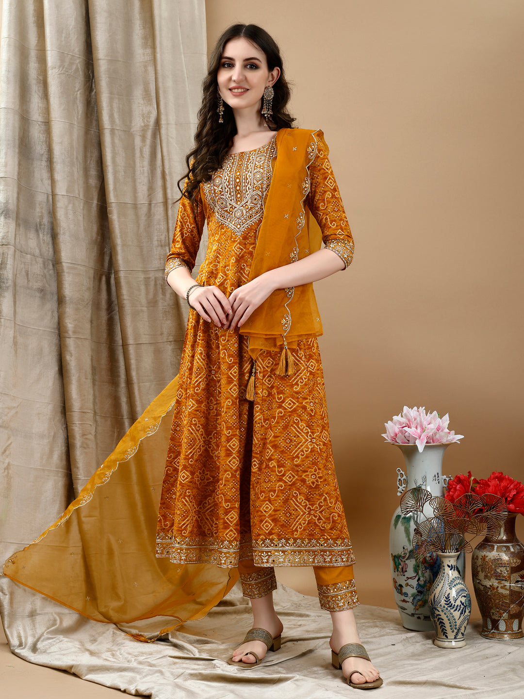 Embroidered & Bandhani Printed Flared Kurta with Pant & Printed Dupatta