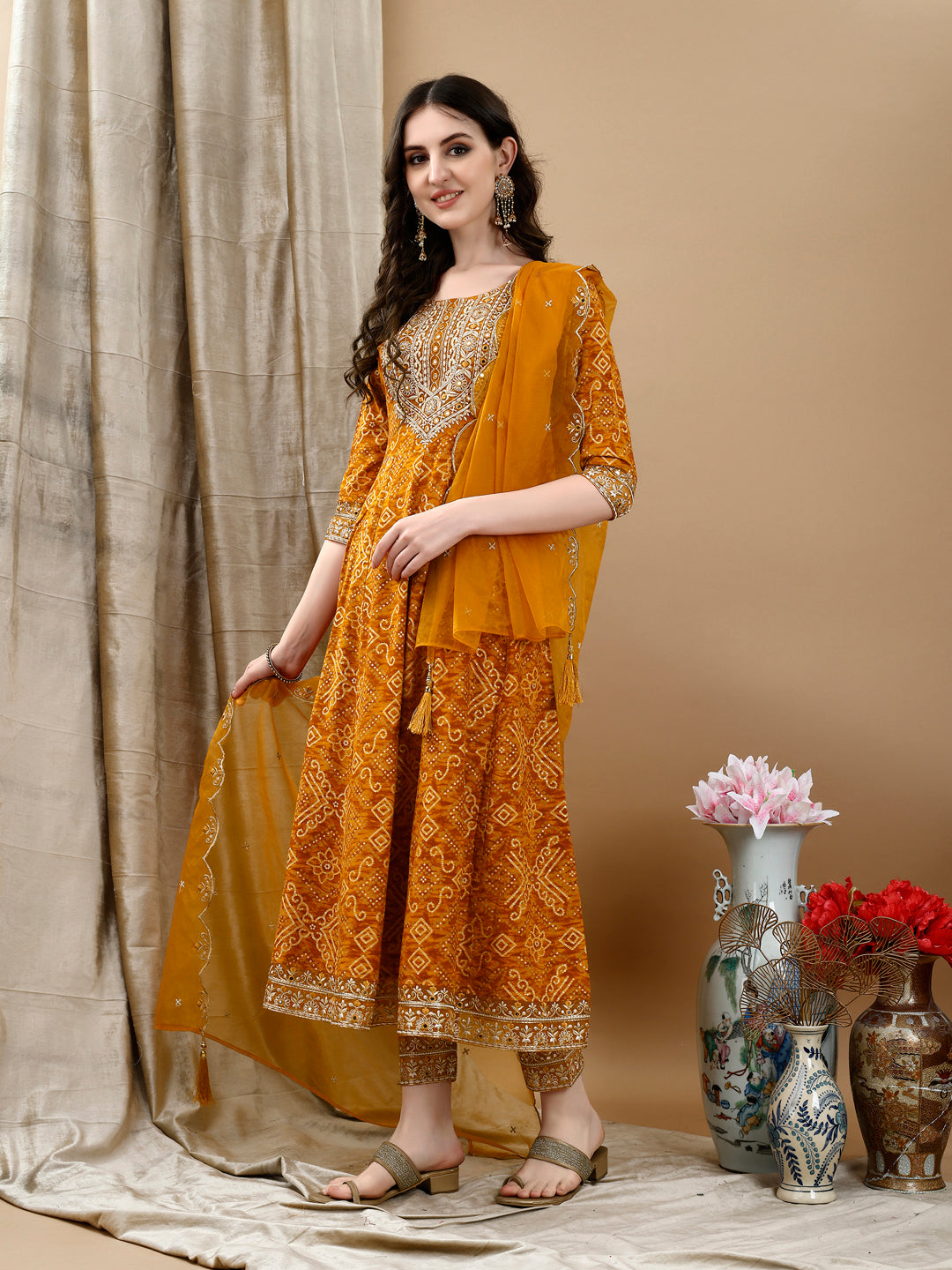 Embroidered & Bandhani Printed Flared Kurta with Pant & Printed Dupatta