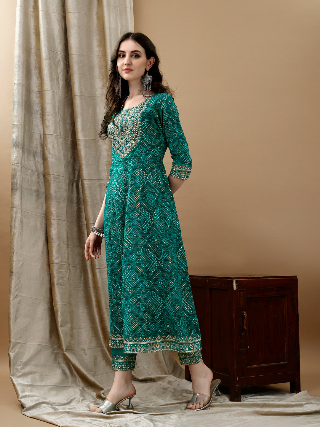 Embroidered & Bandhani Printed Flared Kurta with Pant & Printed Dupatta