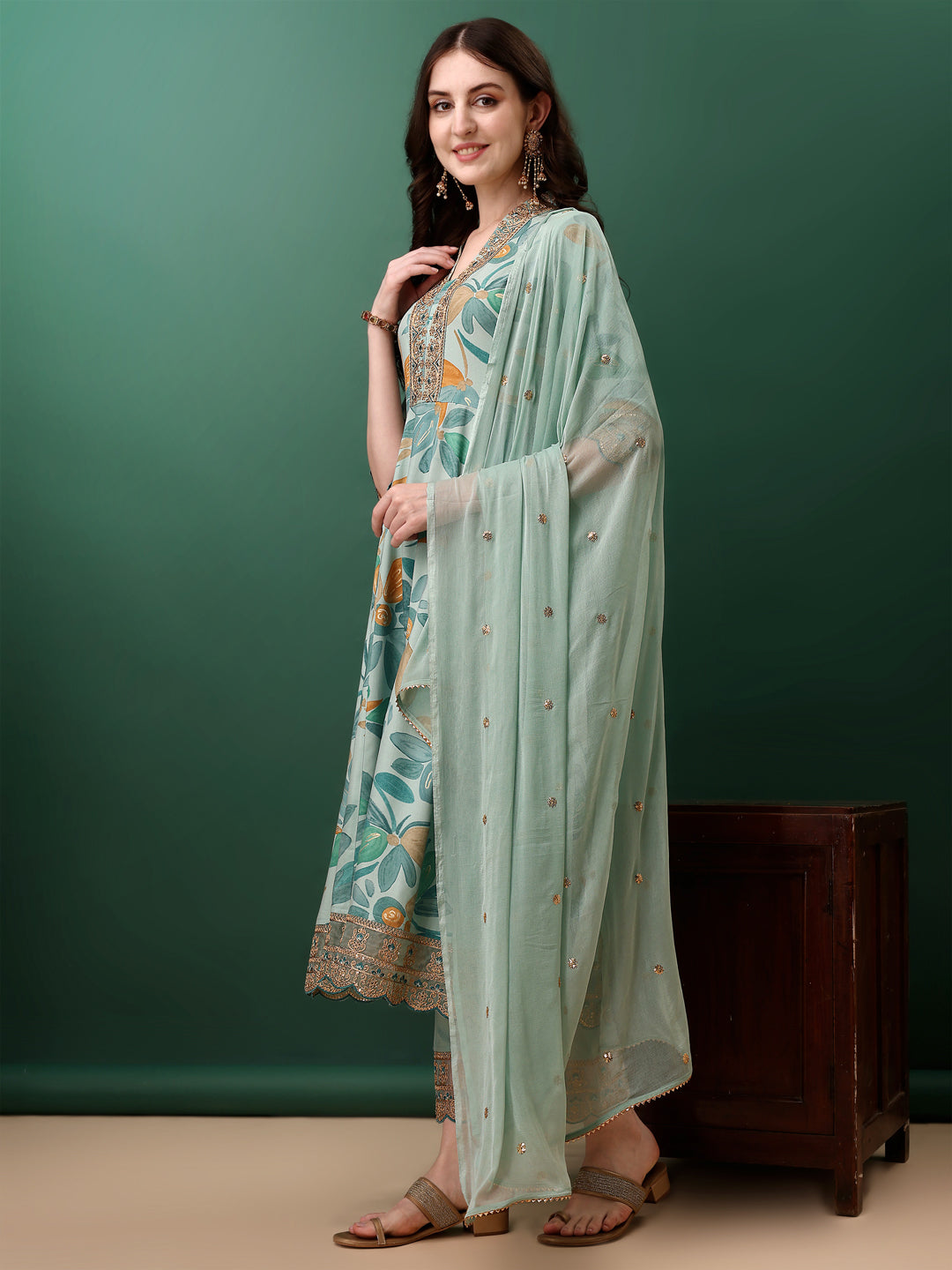 Embroidered & Floral Printed Flared Kurta with pant & dupatta