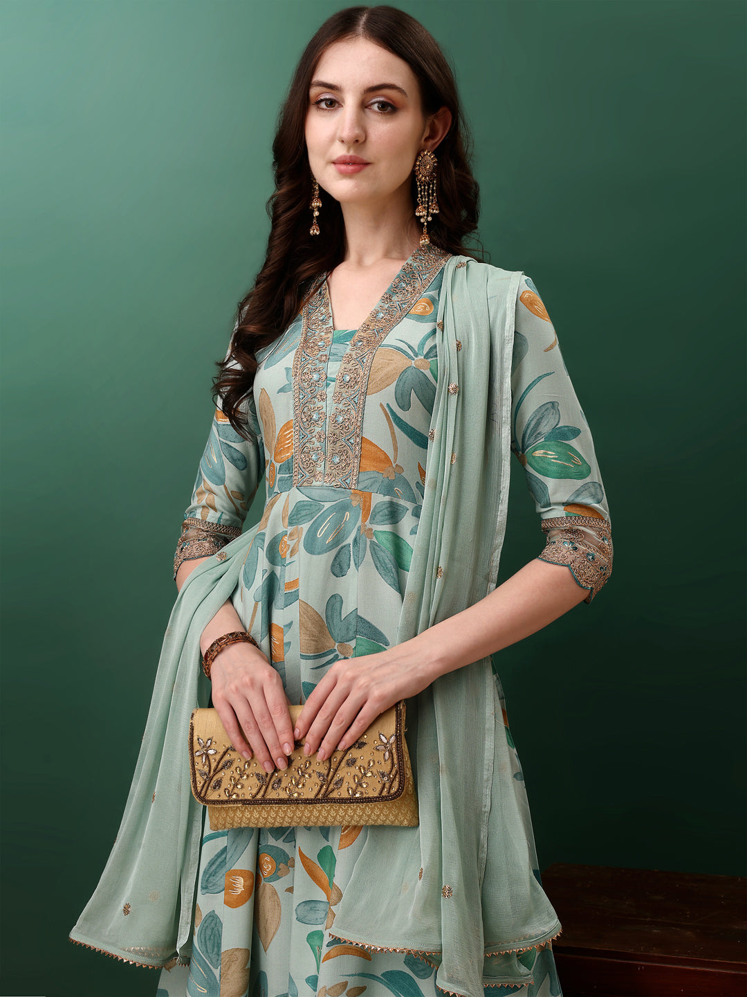 Embroidered & Floral Printed Flared Kurta with pant & dupatta