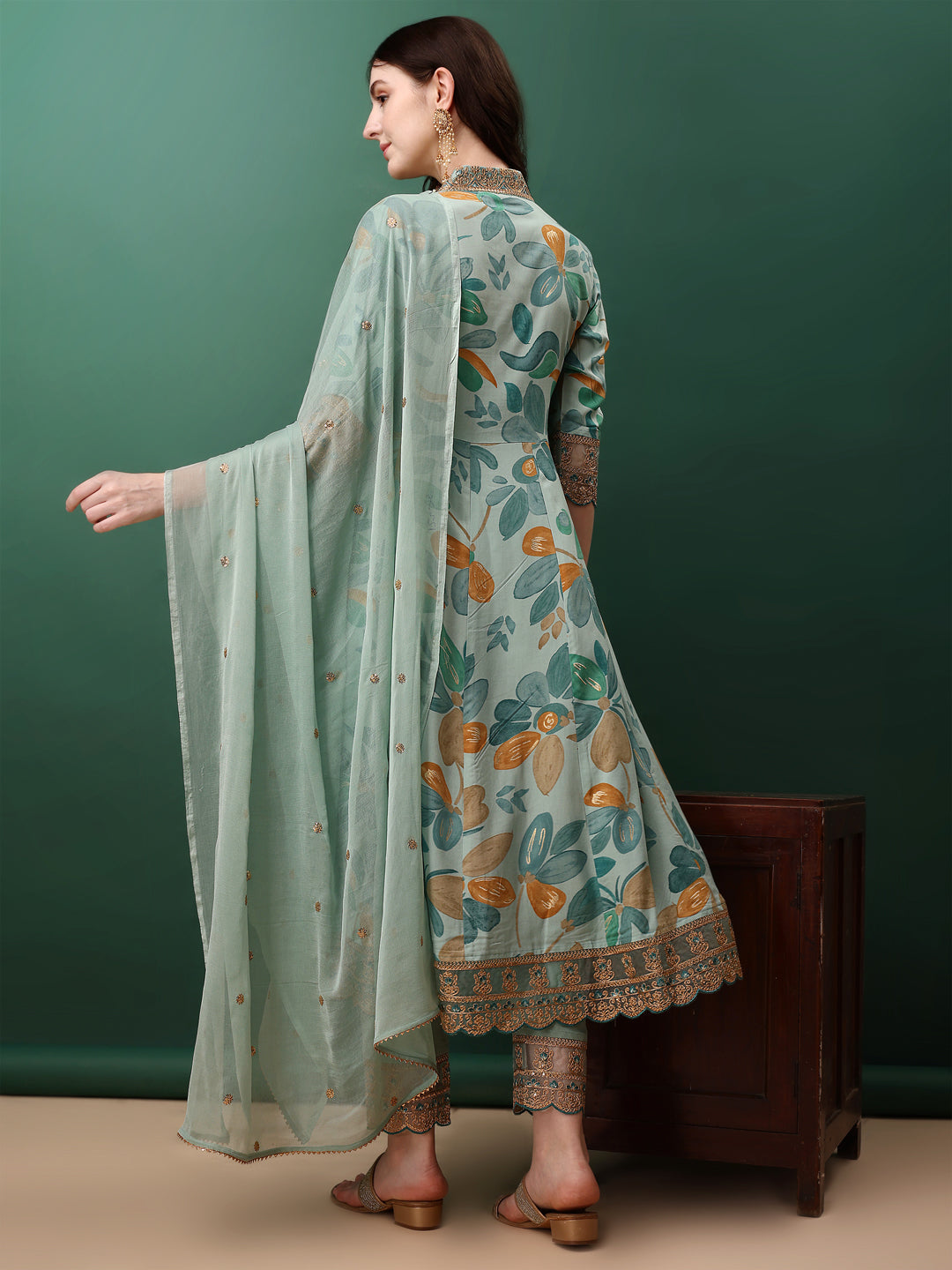 Embroidered & Floral Printed Flared Kurta with pant & dupatta