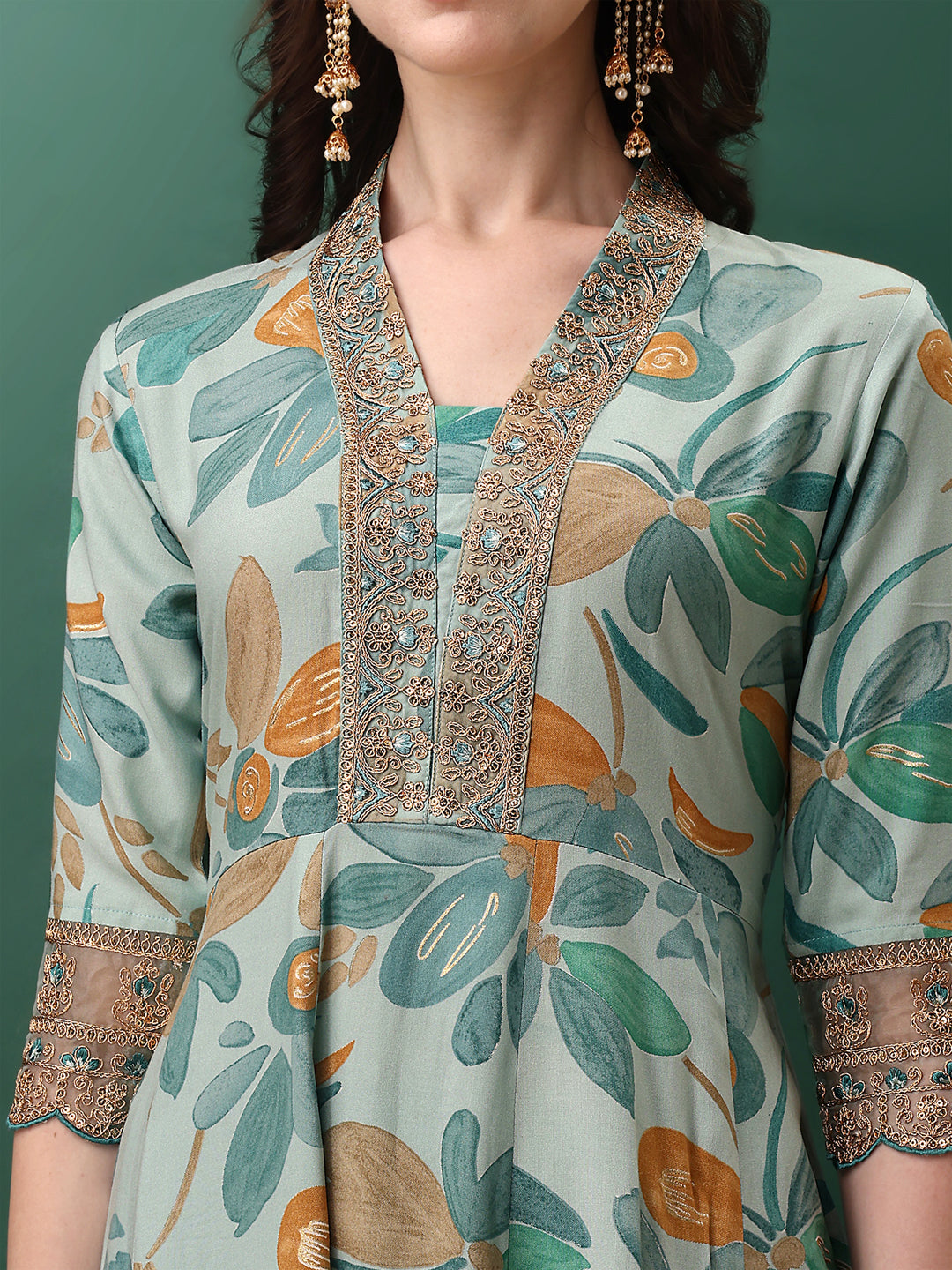 Embroidered & Floral Printed Flared Kurta with pant & dupatta