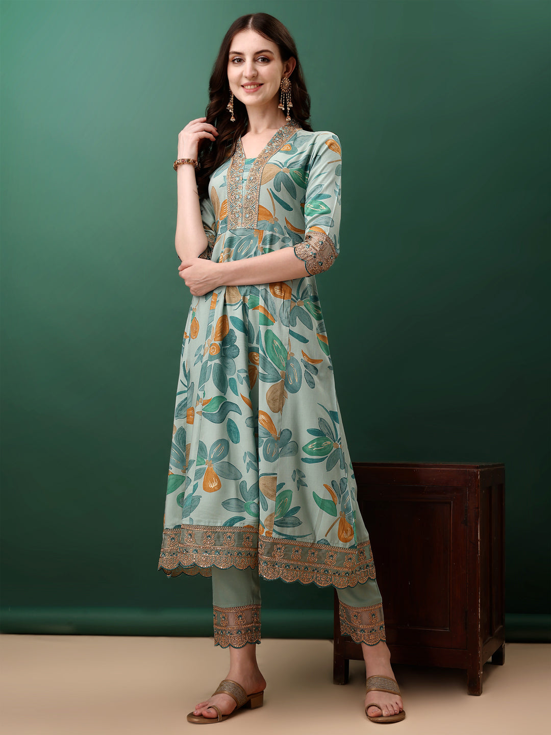 Embroidered & Floral Printed Flared Kurta with pant & dupatta