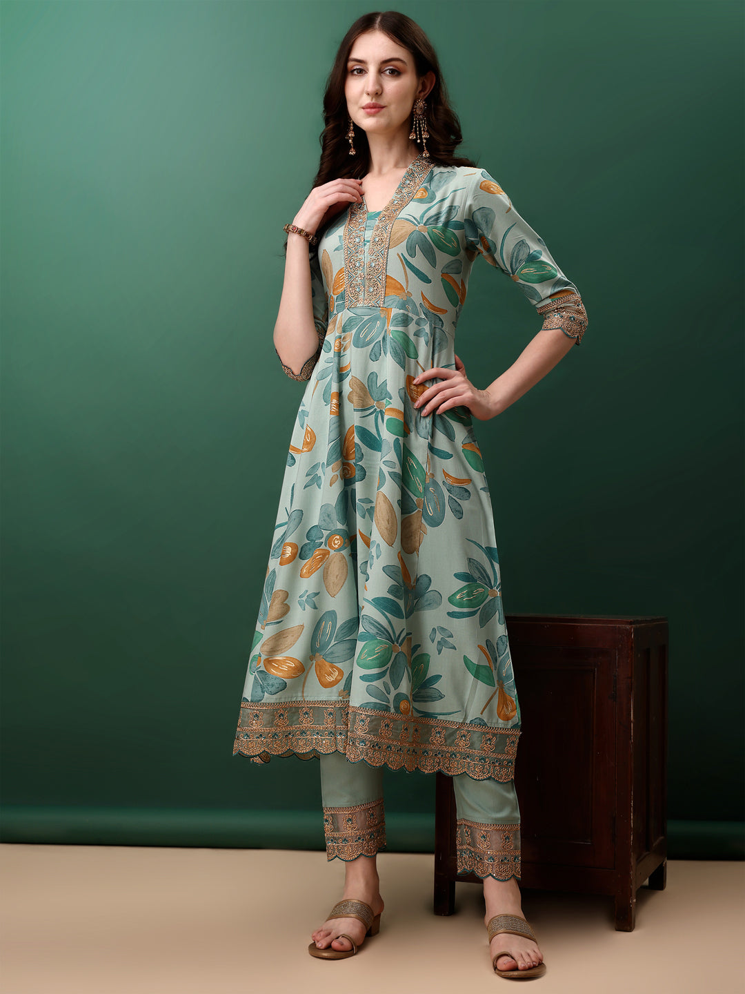 Embroidered & Floral Printed Flared Kurta with pant & dupatta