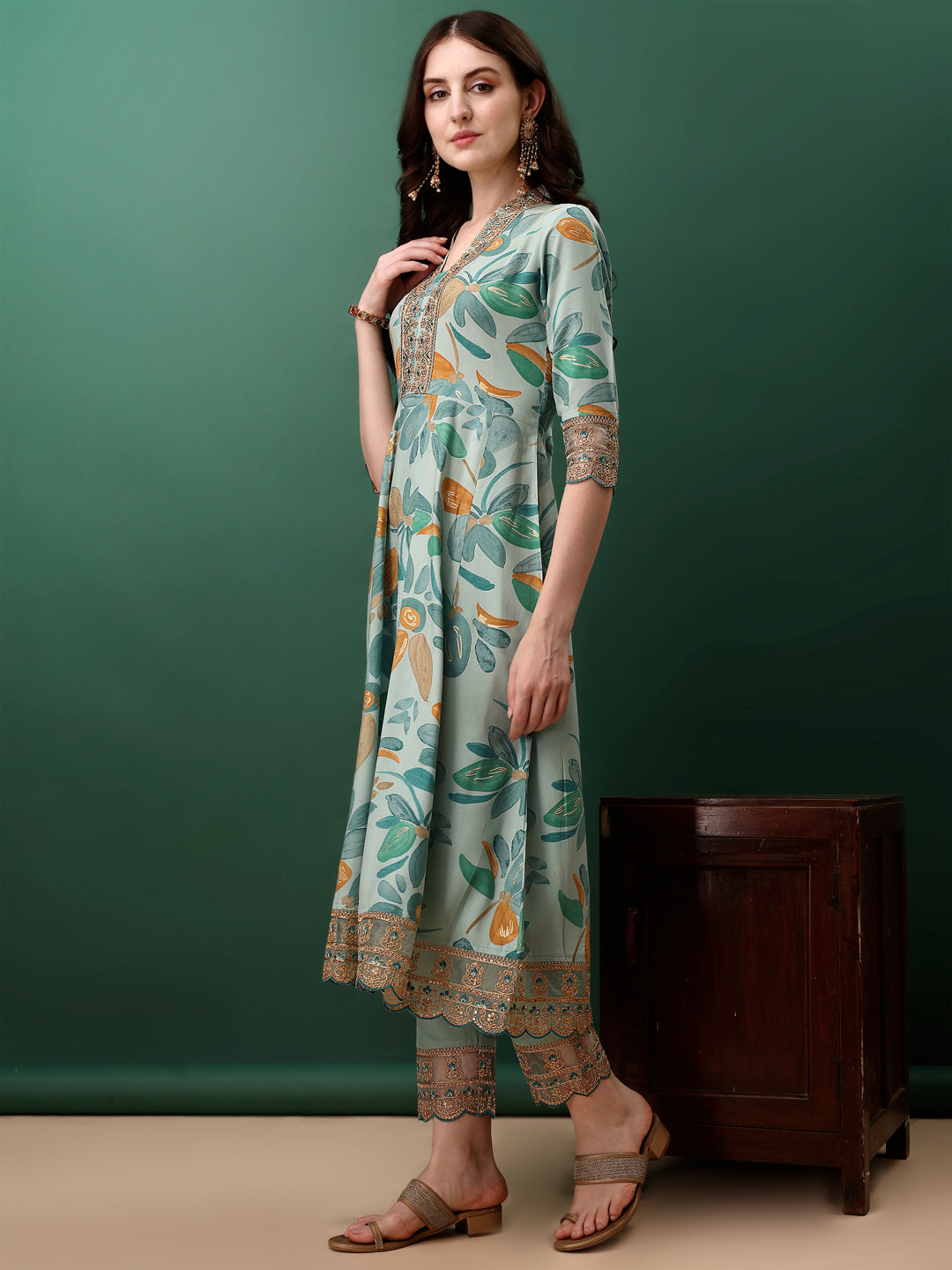 Embroidered & Floral Printed Flared Kurta with pant & dupatta